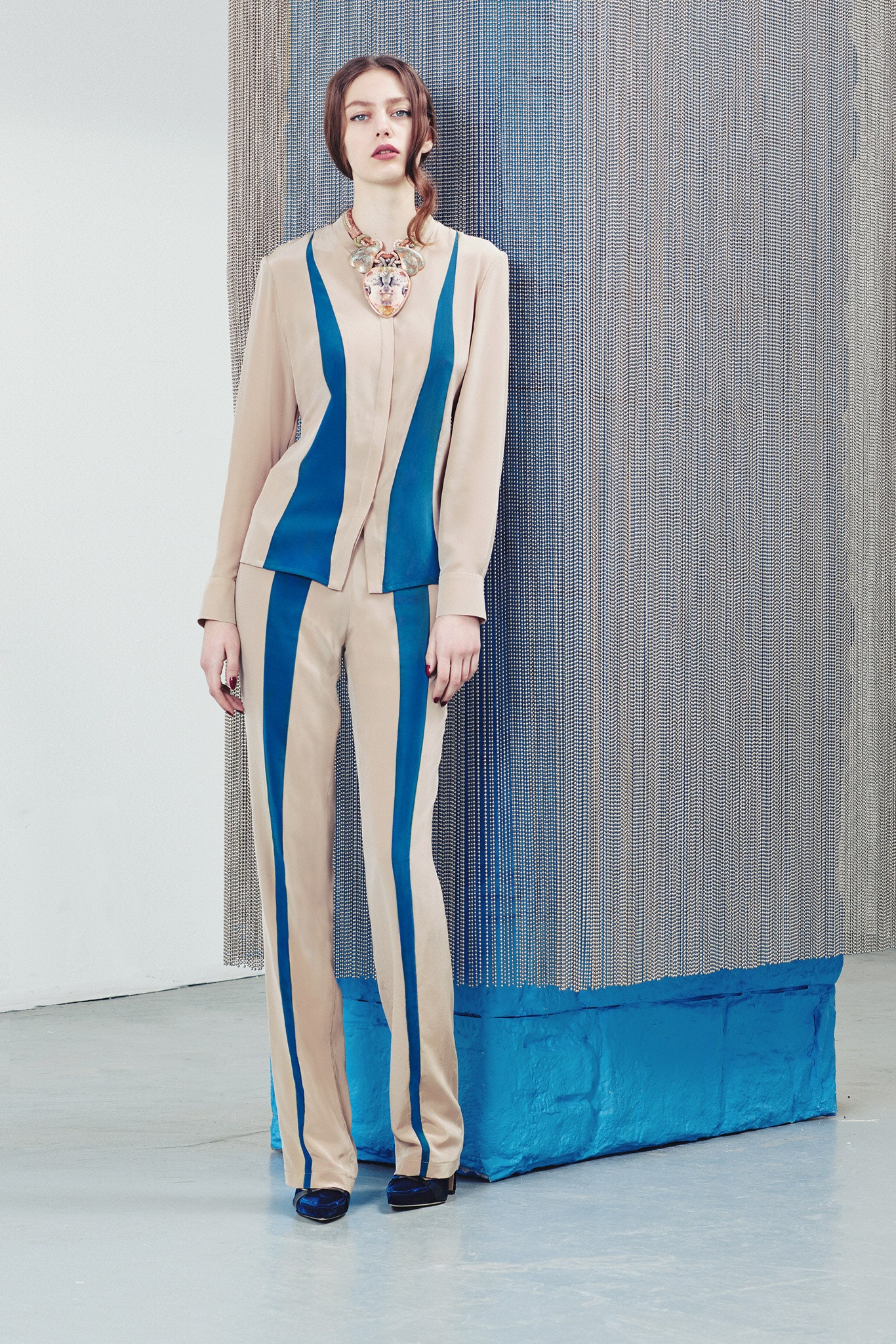 beige and blue silk shirt and pants