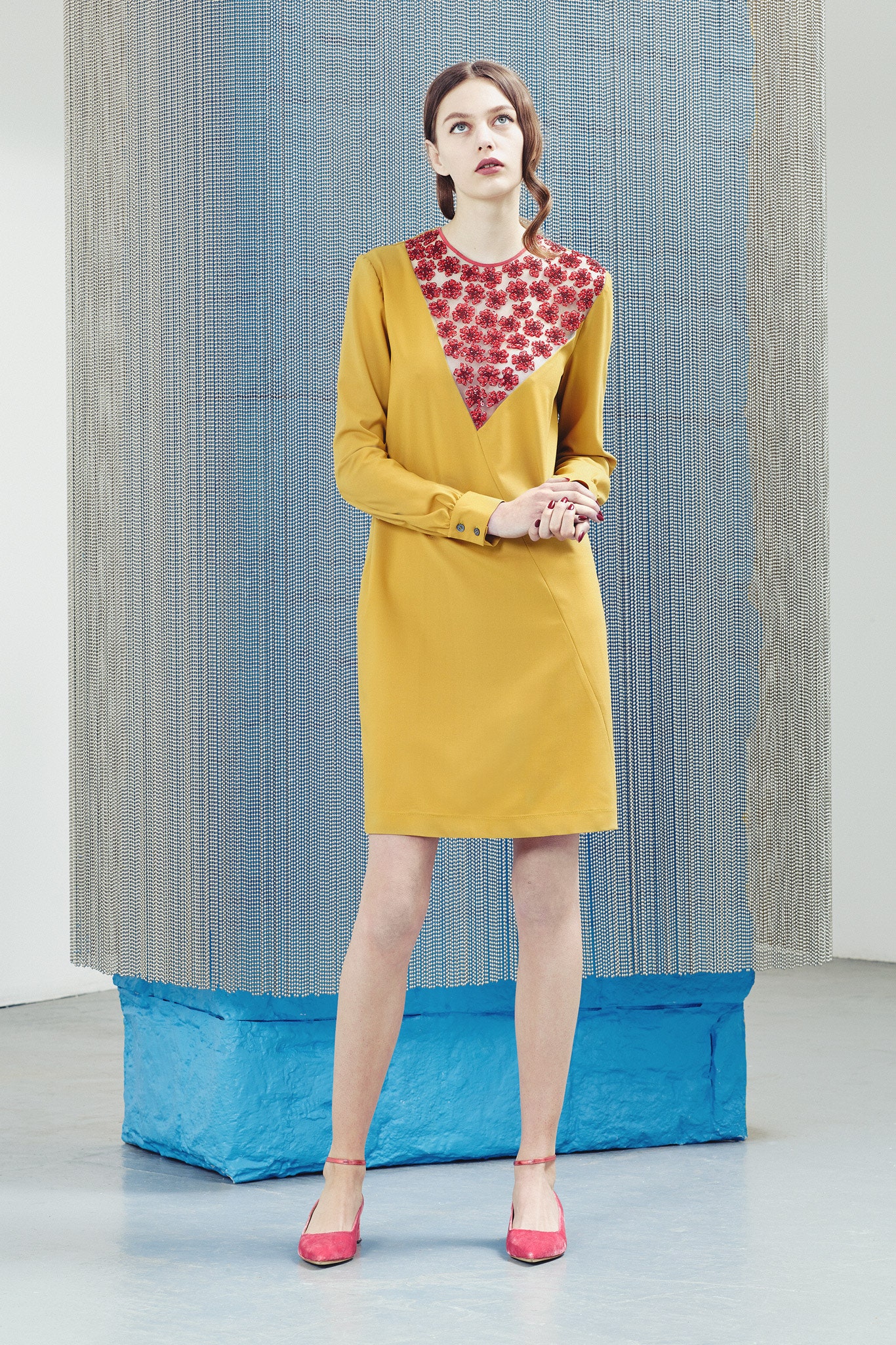 yellow silk long-sleeve dress