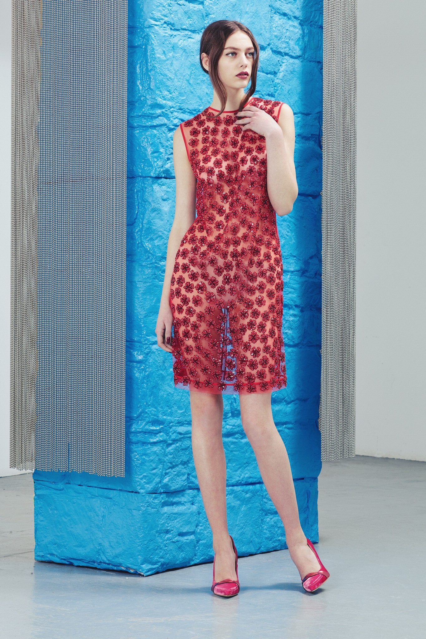 red lace sleeveless high-neck fitted embroidered sheer dress