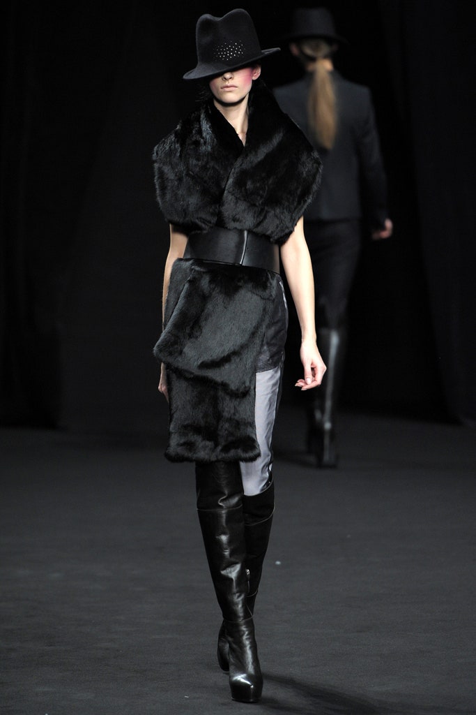 black faux-fur coat with skirt