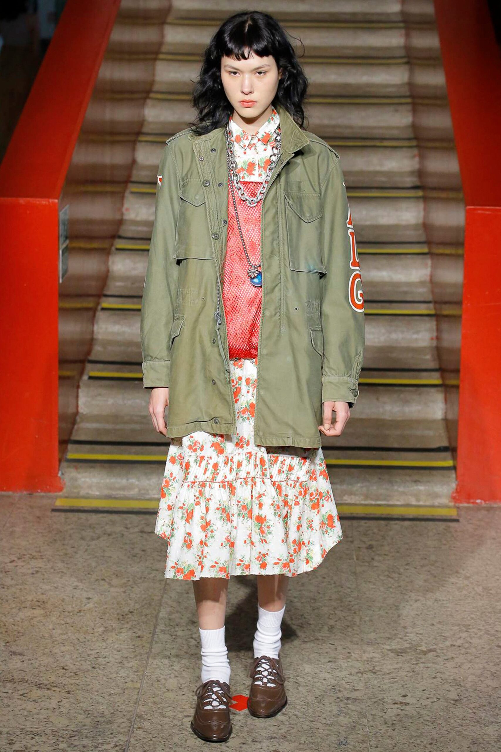 green relaxed jacket and floral dress