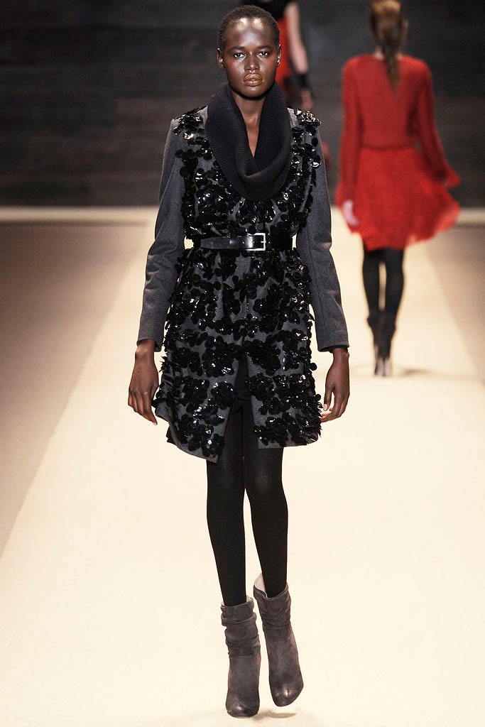 black wool long-sleeve collared fitted ruffled belted coat