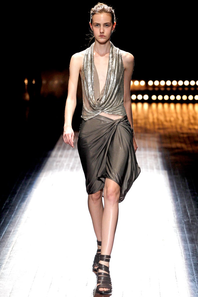 gray silk sleeveless v-neck fitted draped shiny top