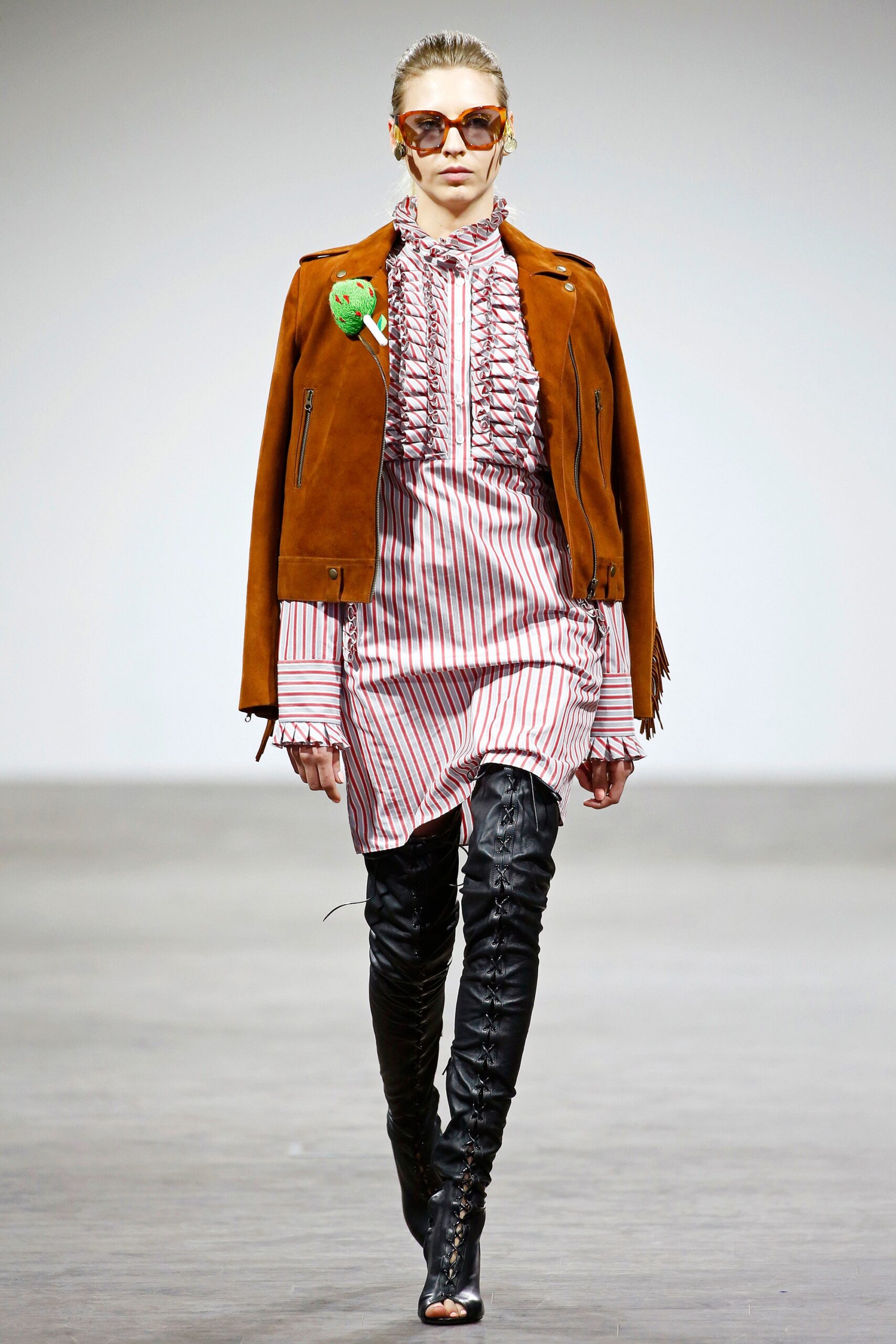 brown suede jacket with striped dress