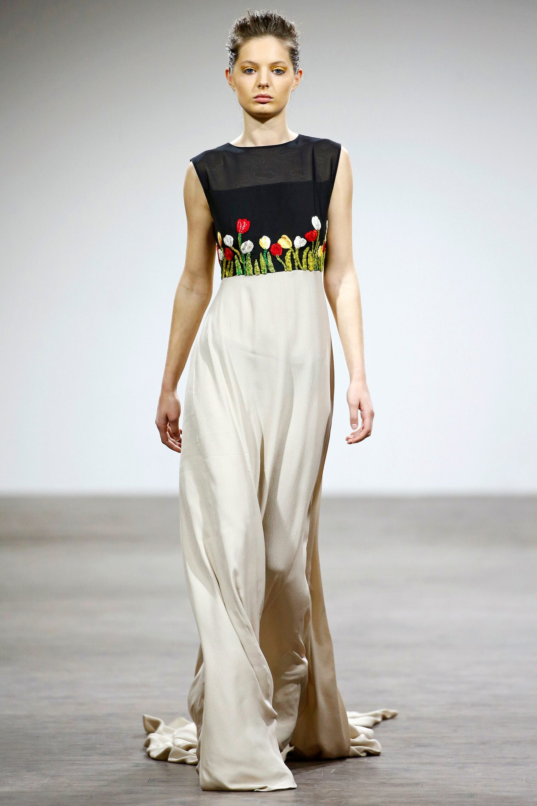 black and beige embroidered gown
