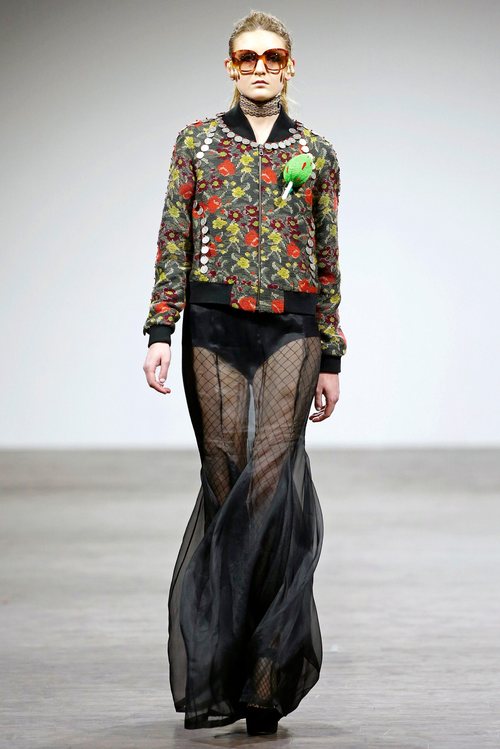 embroidered black mesh skirt and jacket