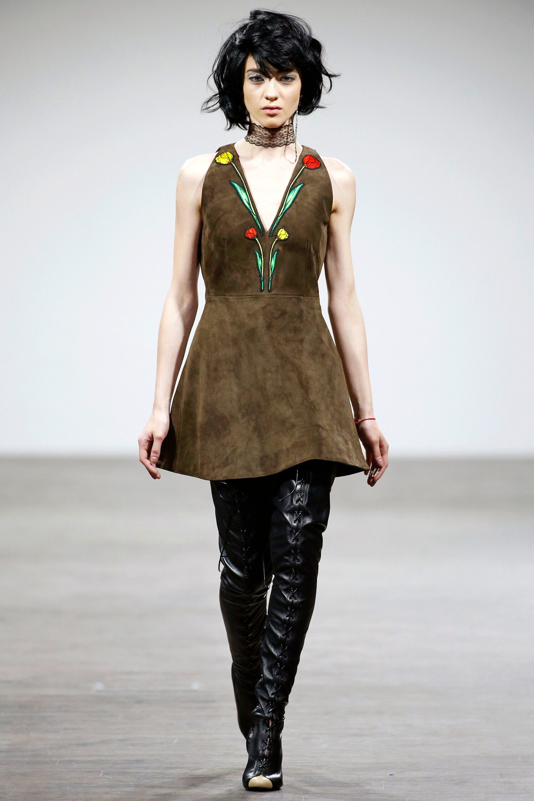 brown suede sleeveless v-neck fitted embroidered a-line dress