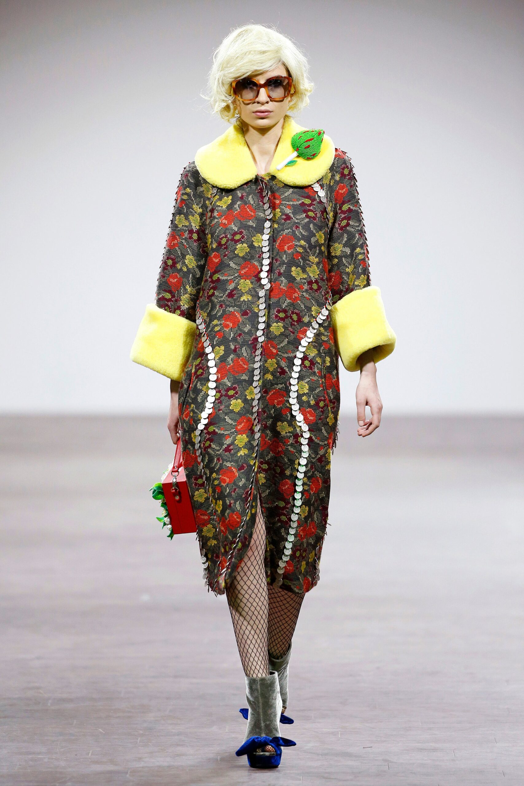 black floral coat with yellow collar