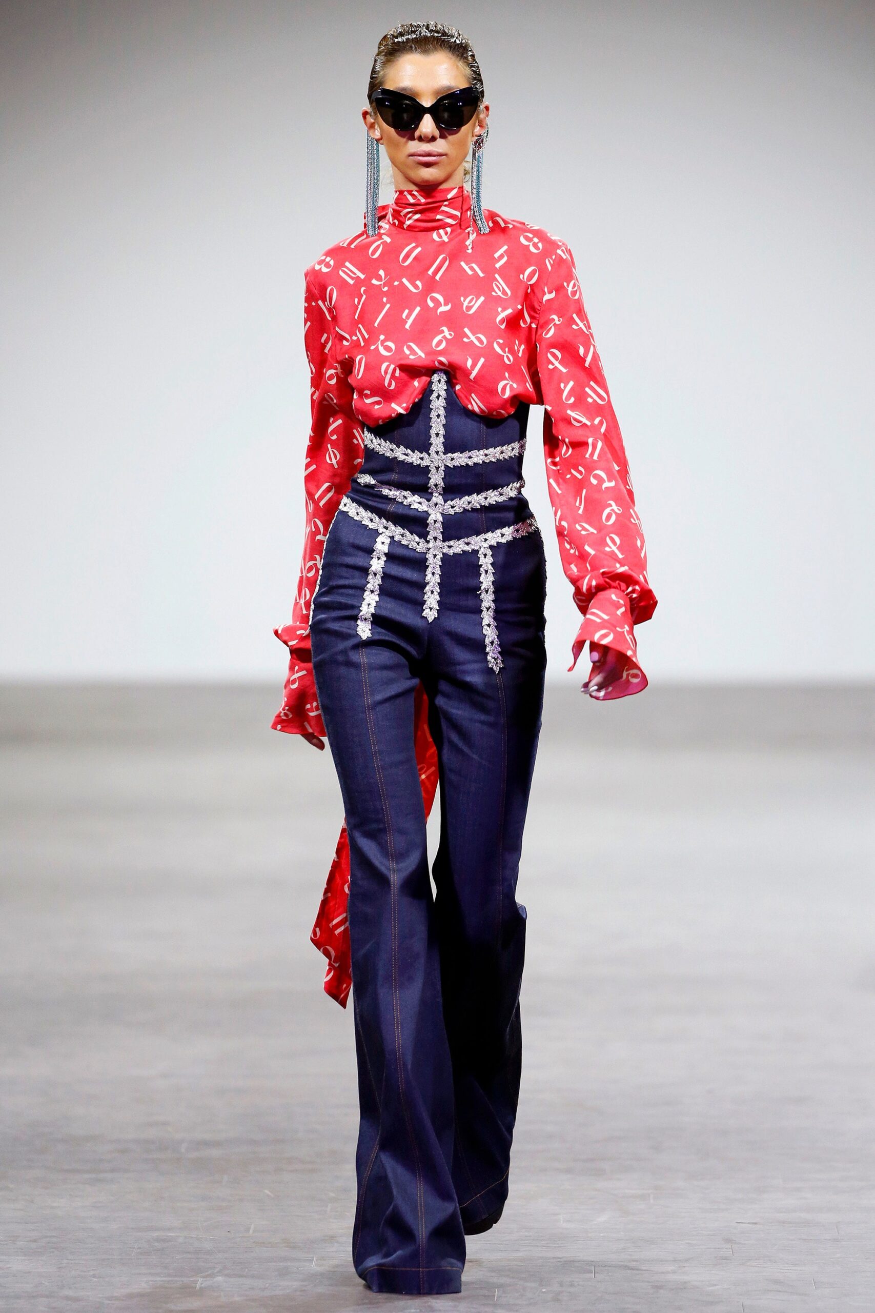 blue denim tailored high-waisted straight-leg pants