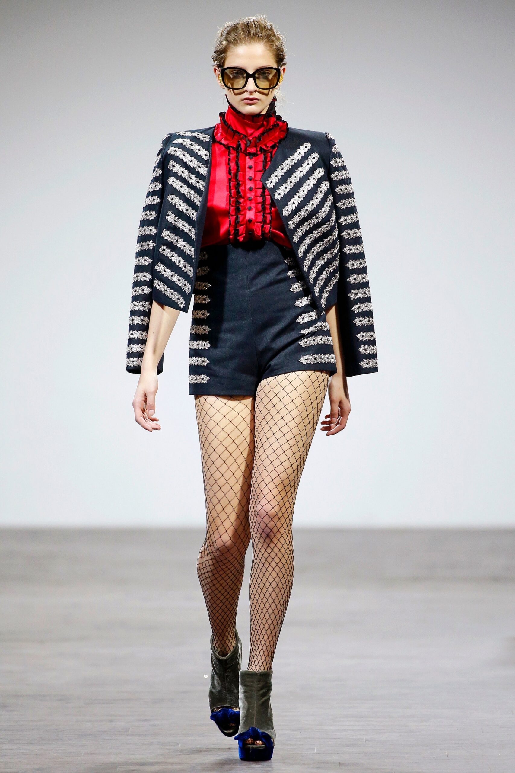 striped blazer with red blouse