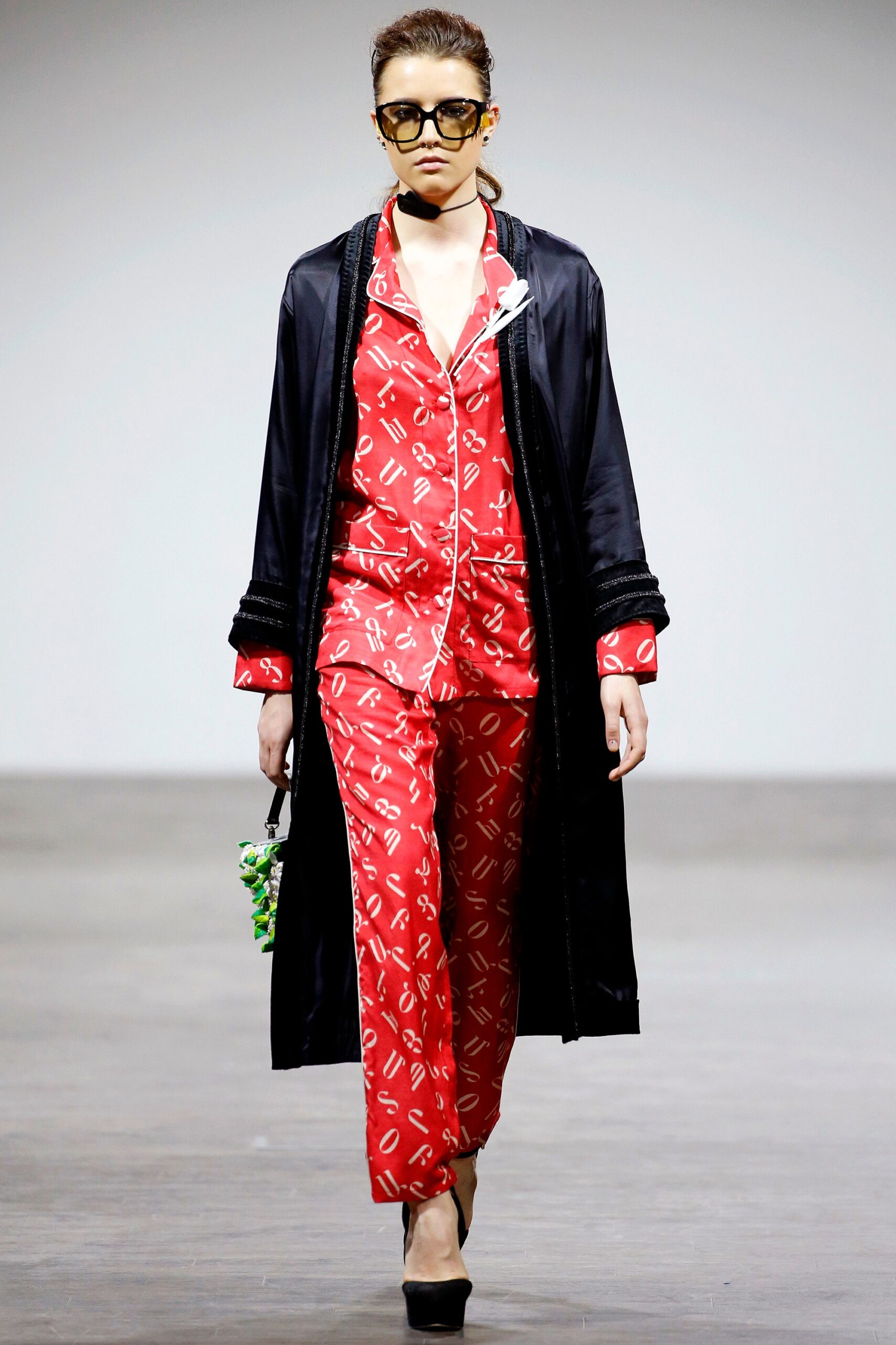 black coat red printed outfit