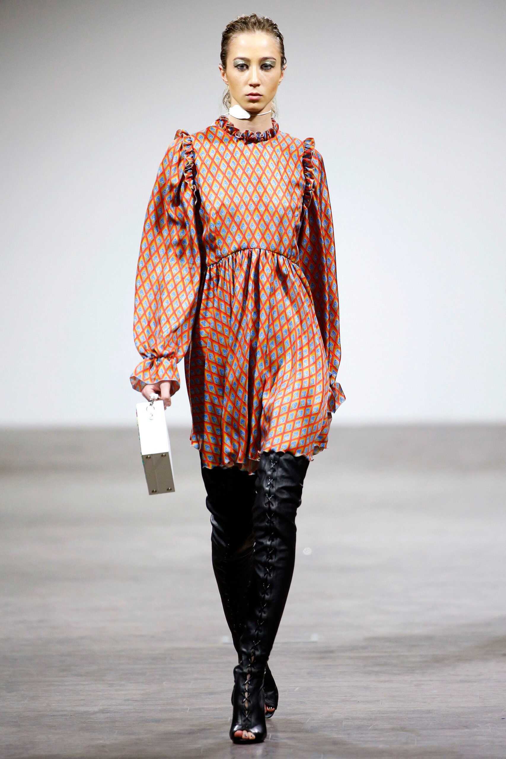 orange silk long-sleeve high-neck relaxed pleated printed dress