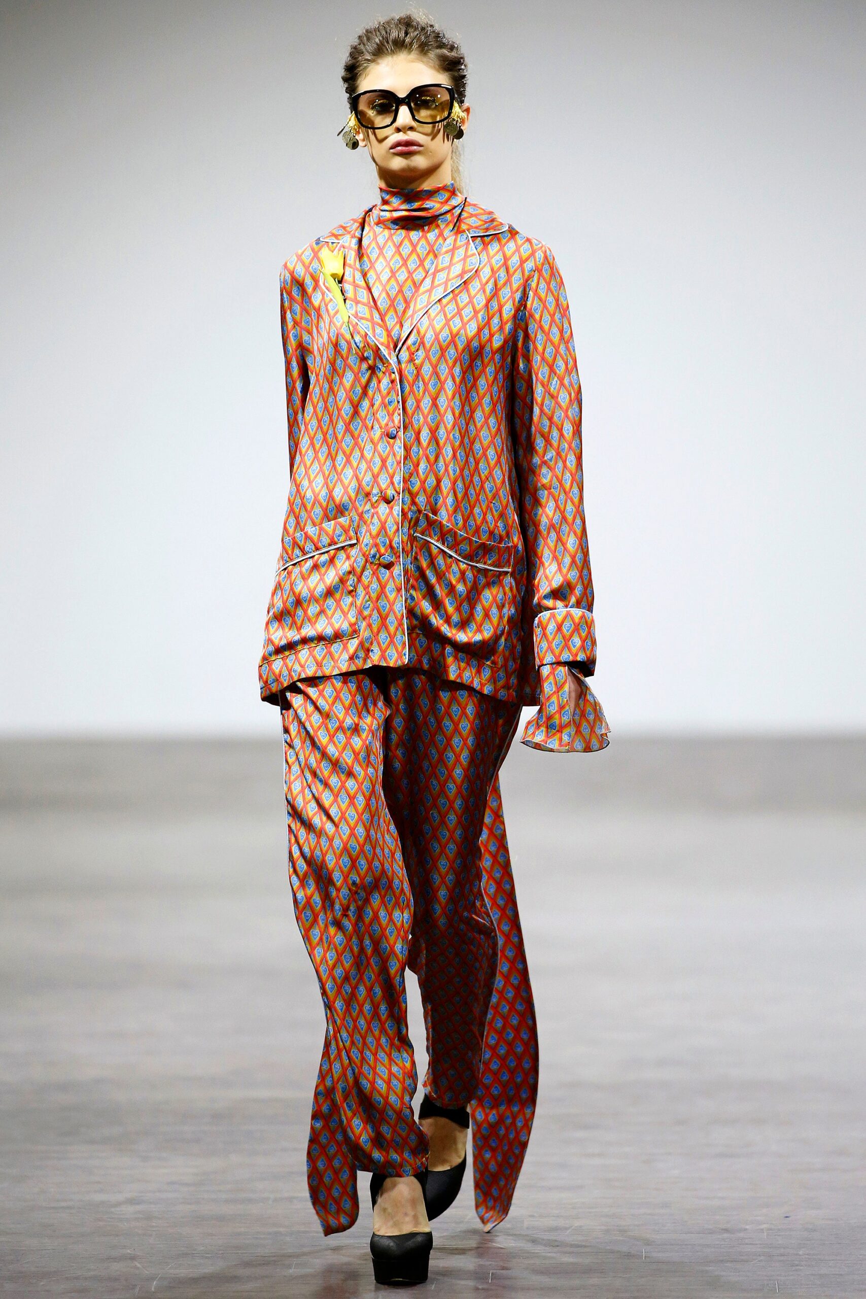 printed red and blue silk outfit