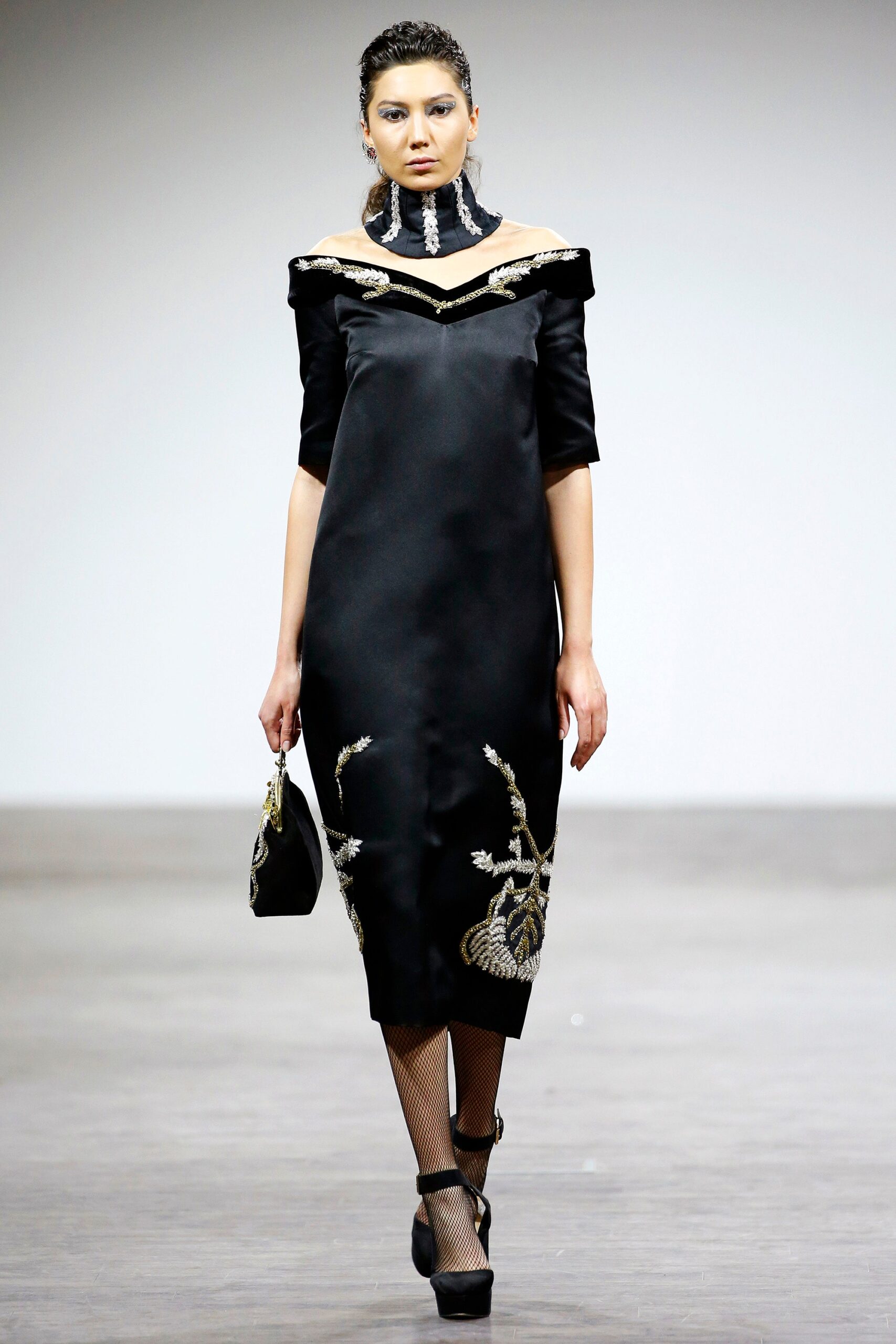 black silk off-shoulder dress
