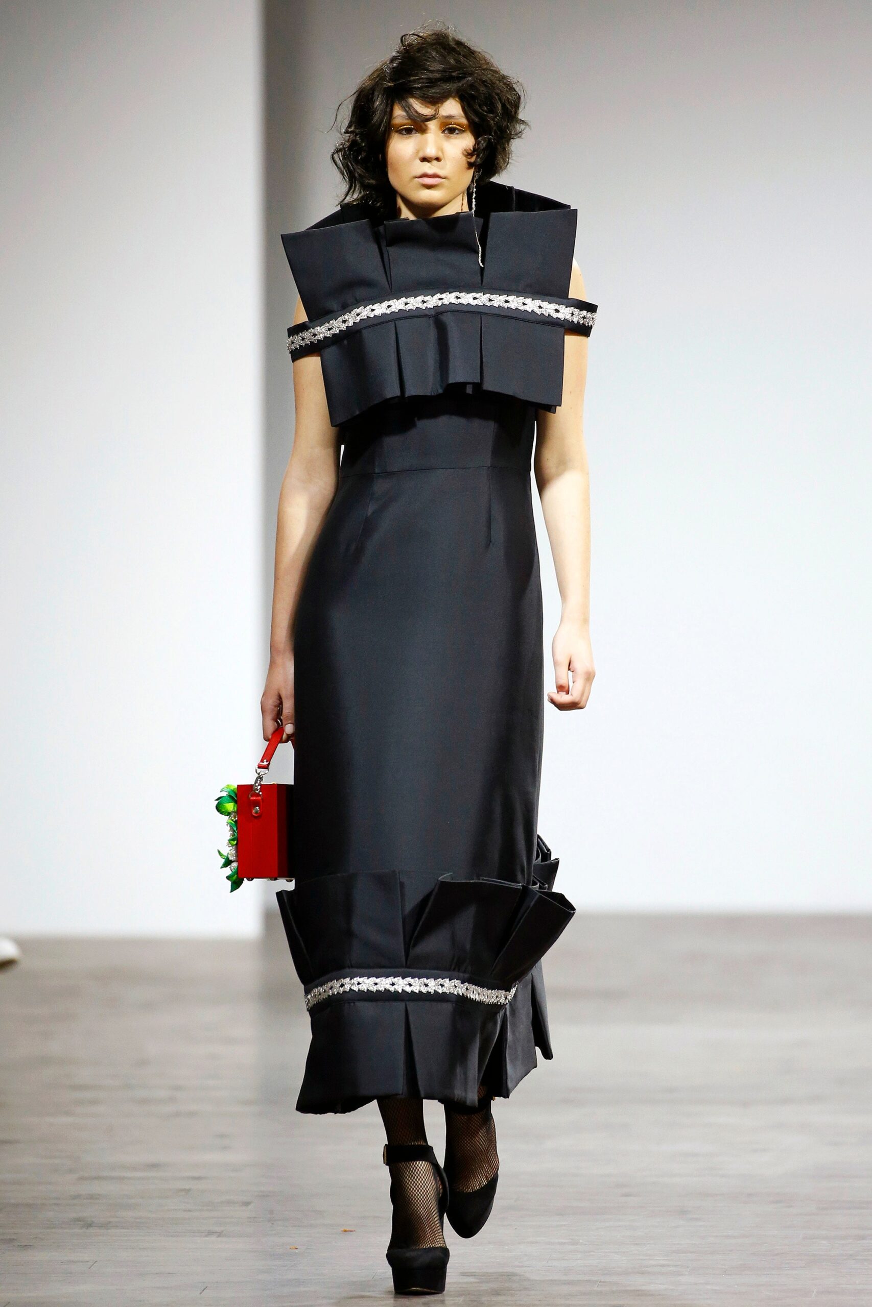 black silk pleated midi dress