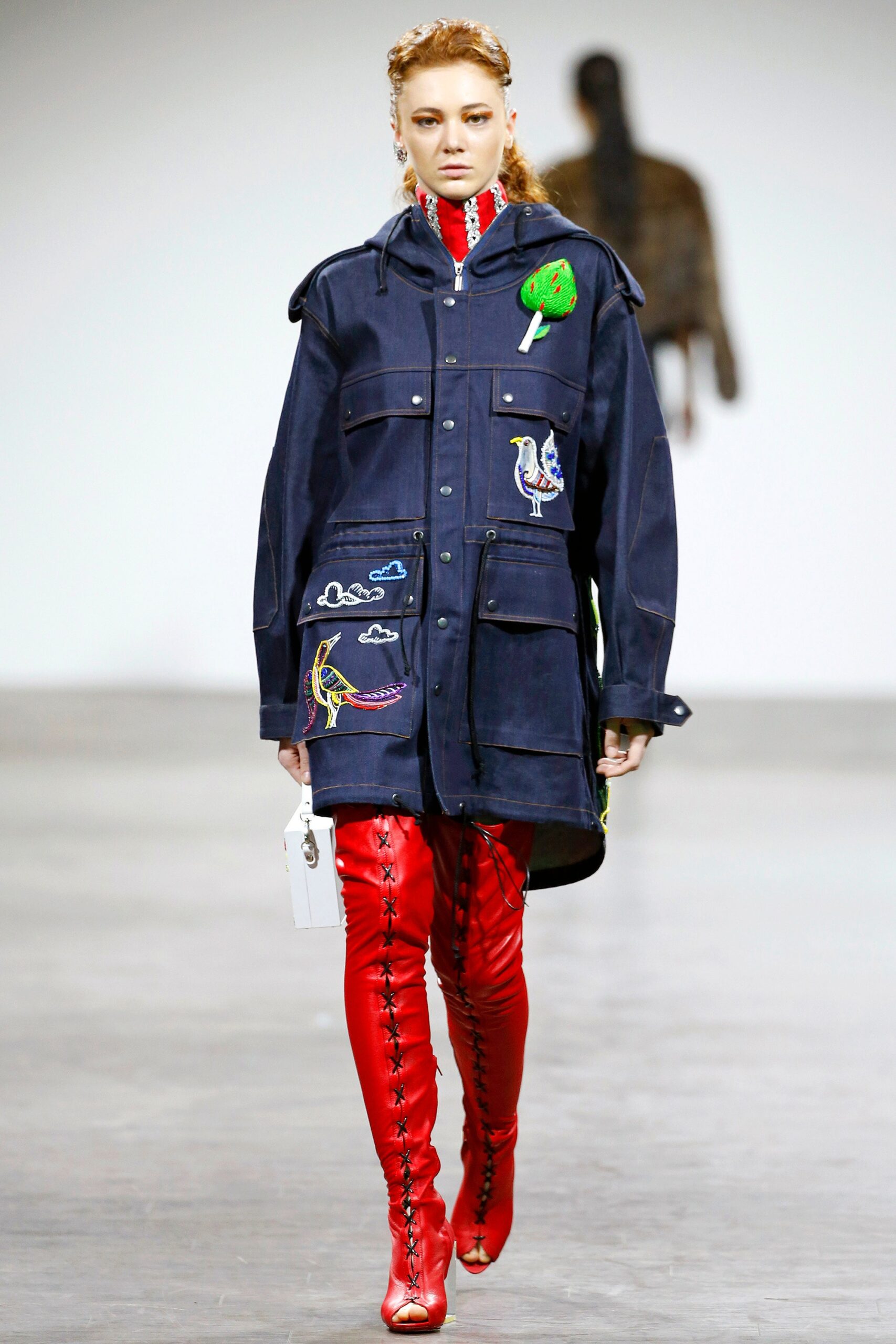 blue denim jacket red vinyl pants