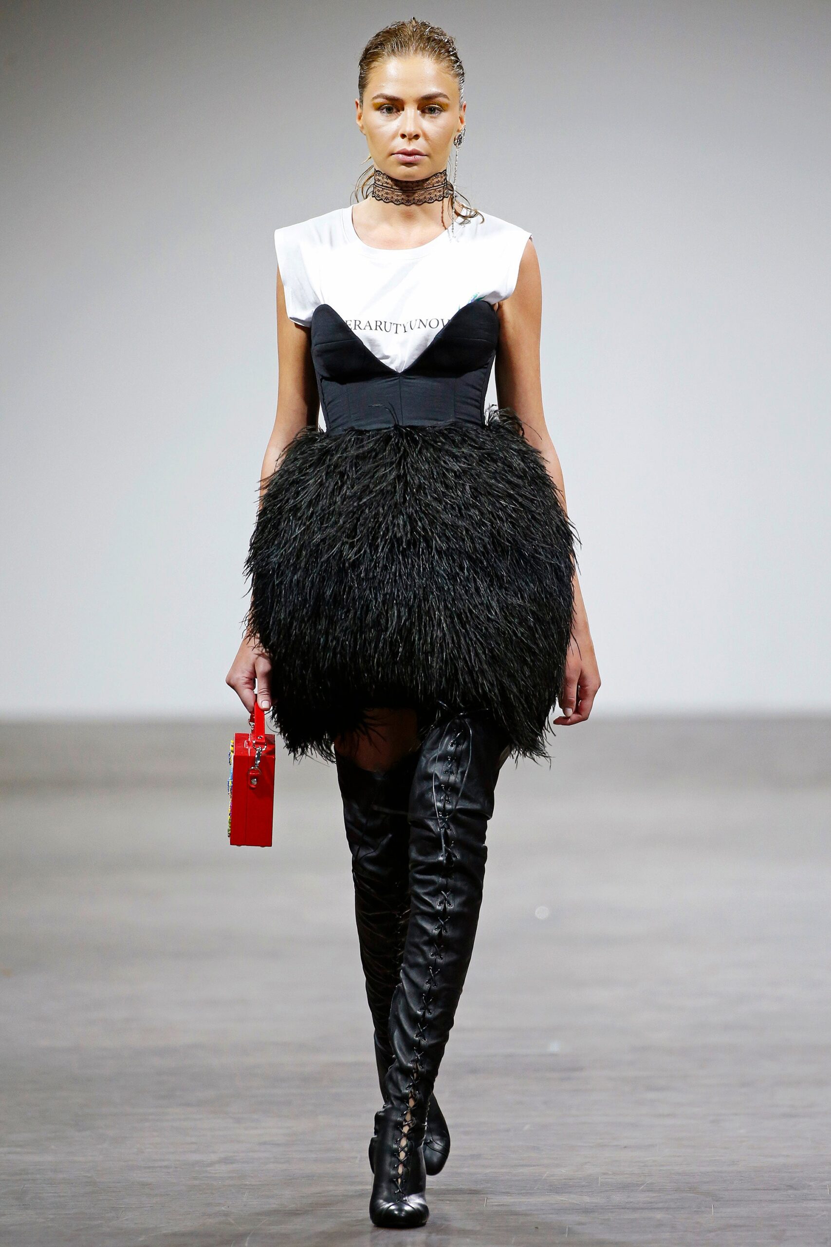 black fur sleeveless high-neck fitted ruffled layered dress