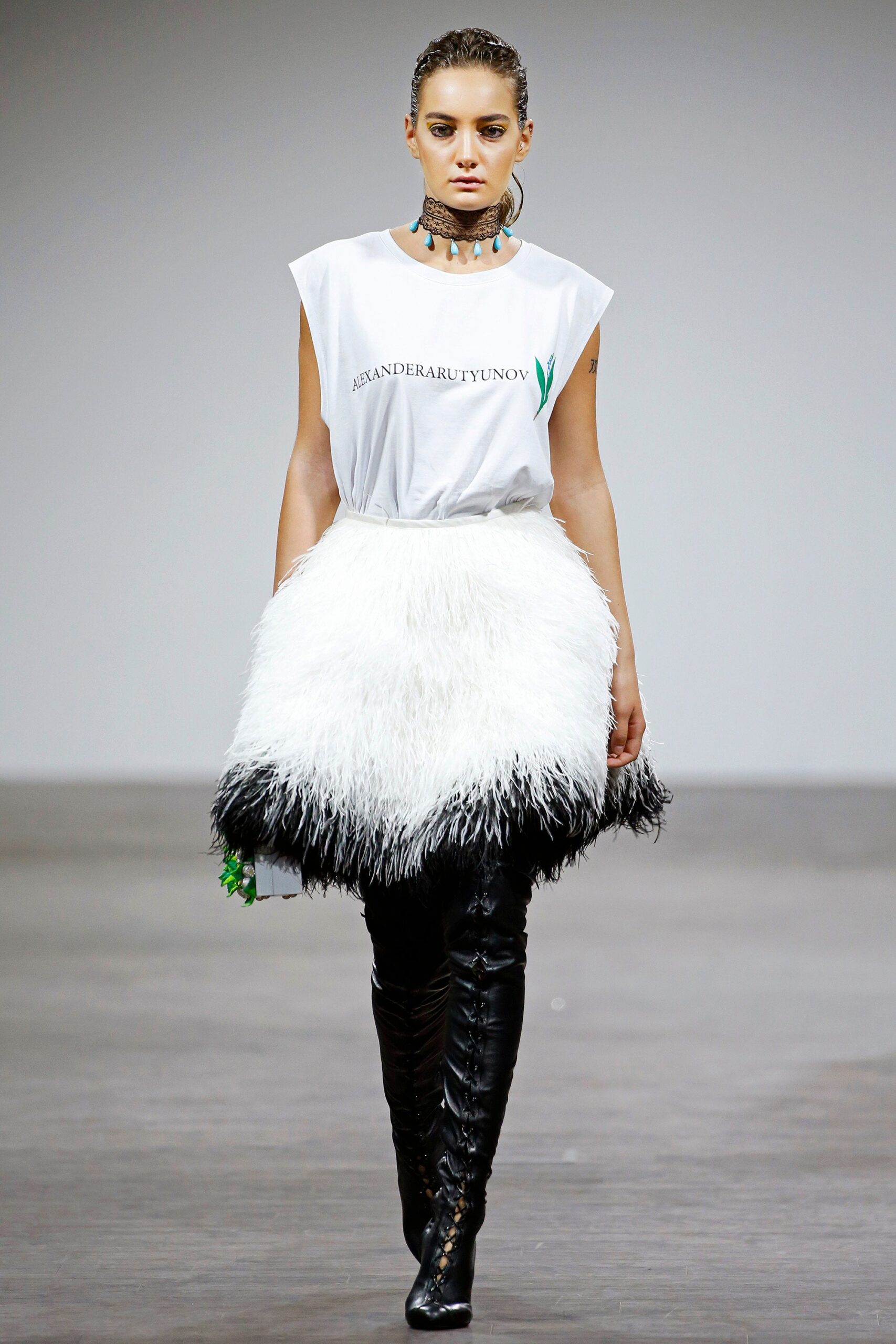 white t-shirt with feathered skirt