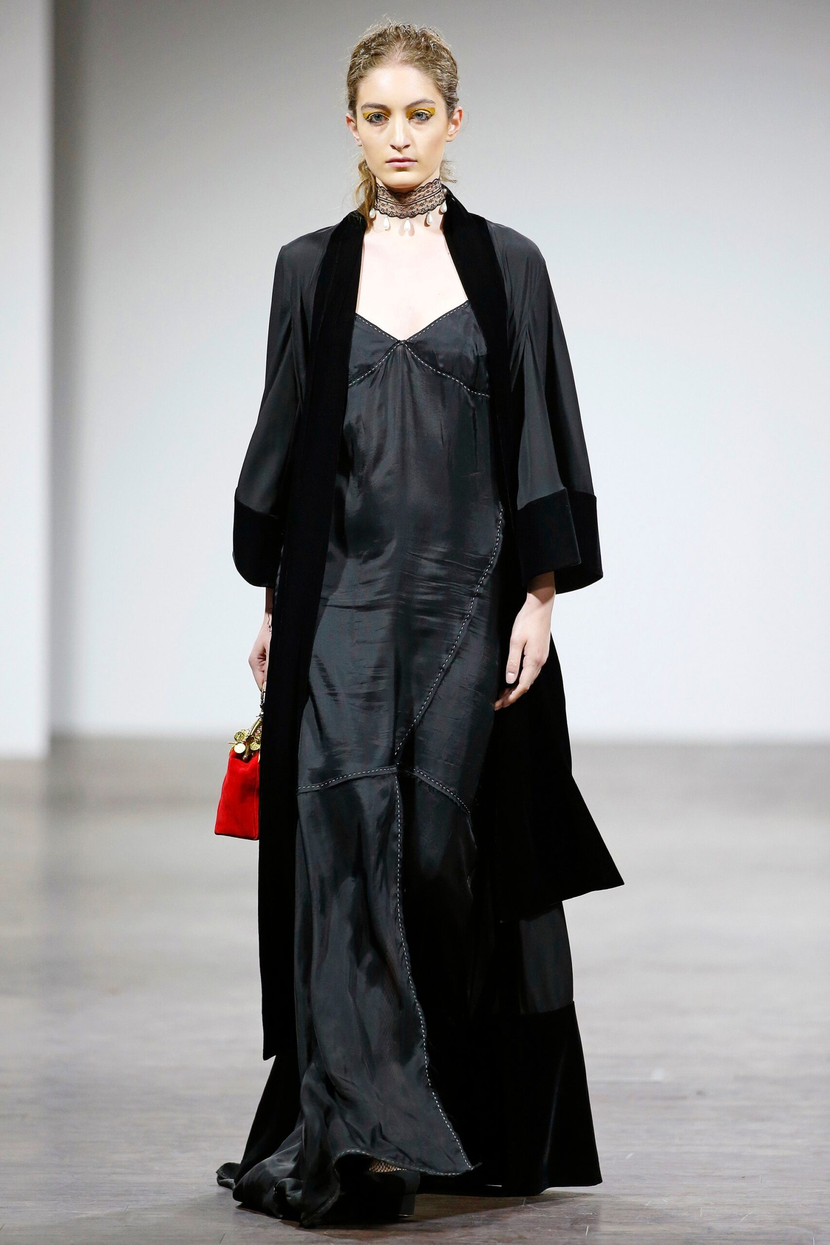 black silk gown with cape