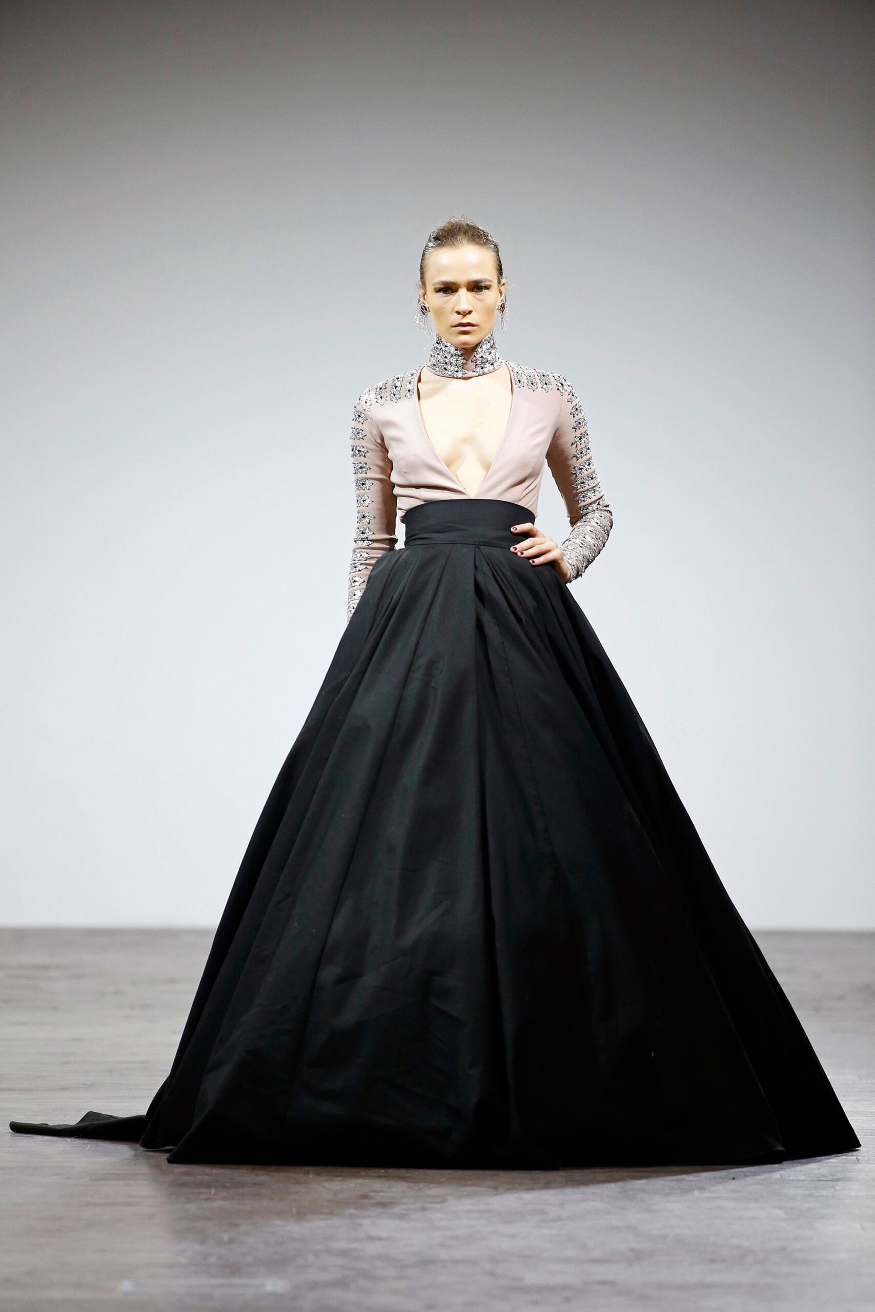 black and pink long-sleeve gown