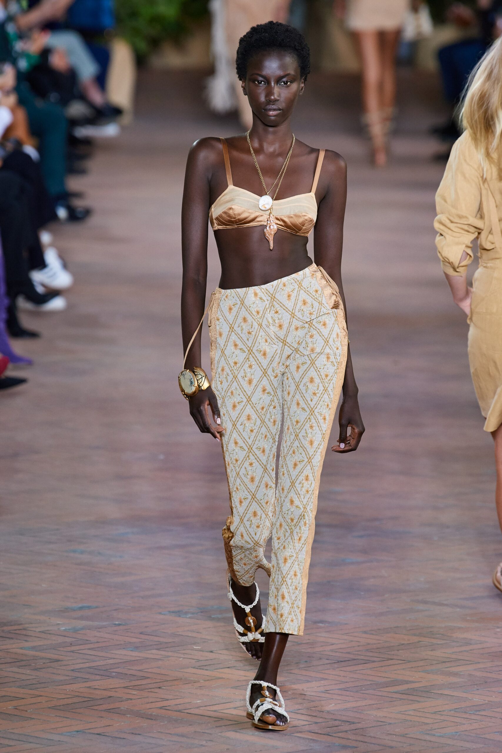 gold silk bikini with printed pants