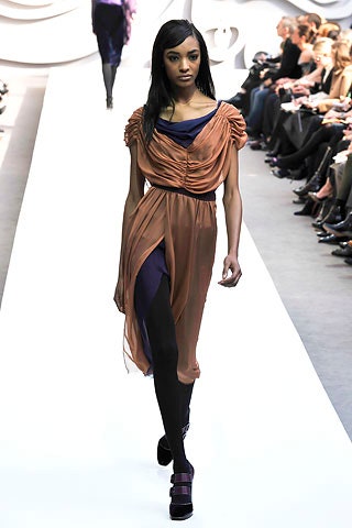 brown and blue draped midi dress