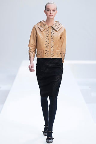 beige leather long-sleeve collared fitted embroidered jacket