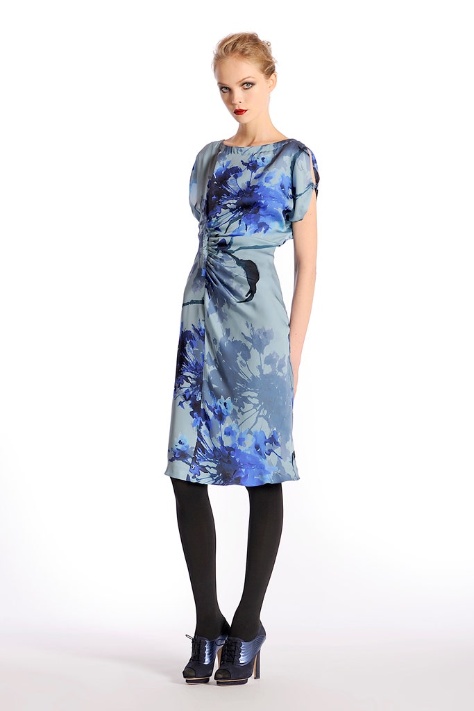 blue silk midi dress with ruched detail