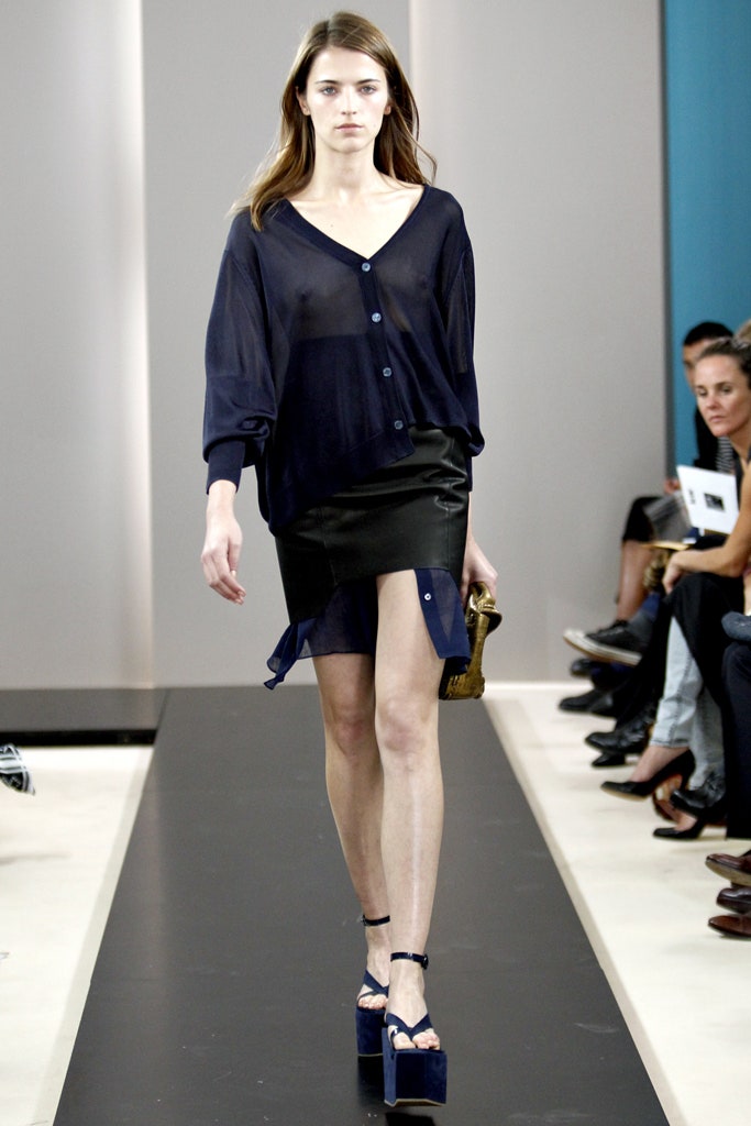 blue silk blouse black leather skirt