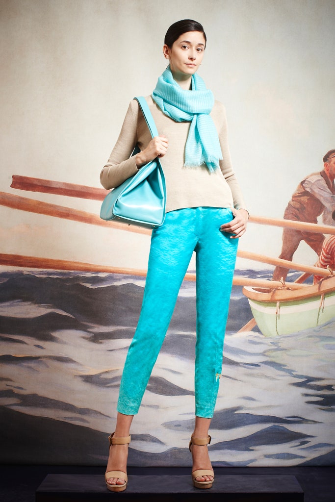 beige cotton top with blue silk pants