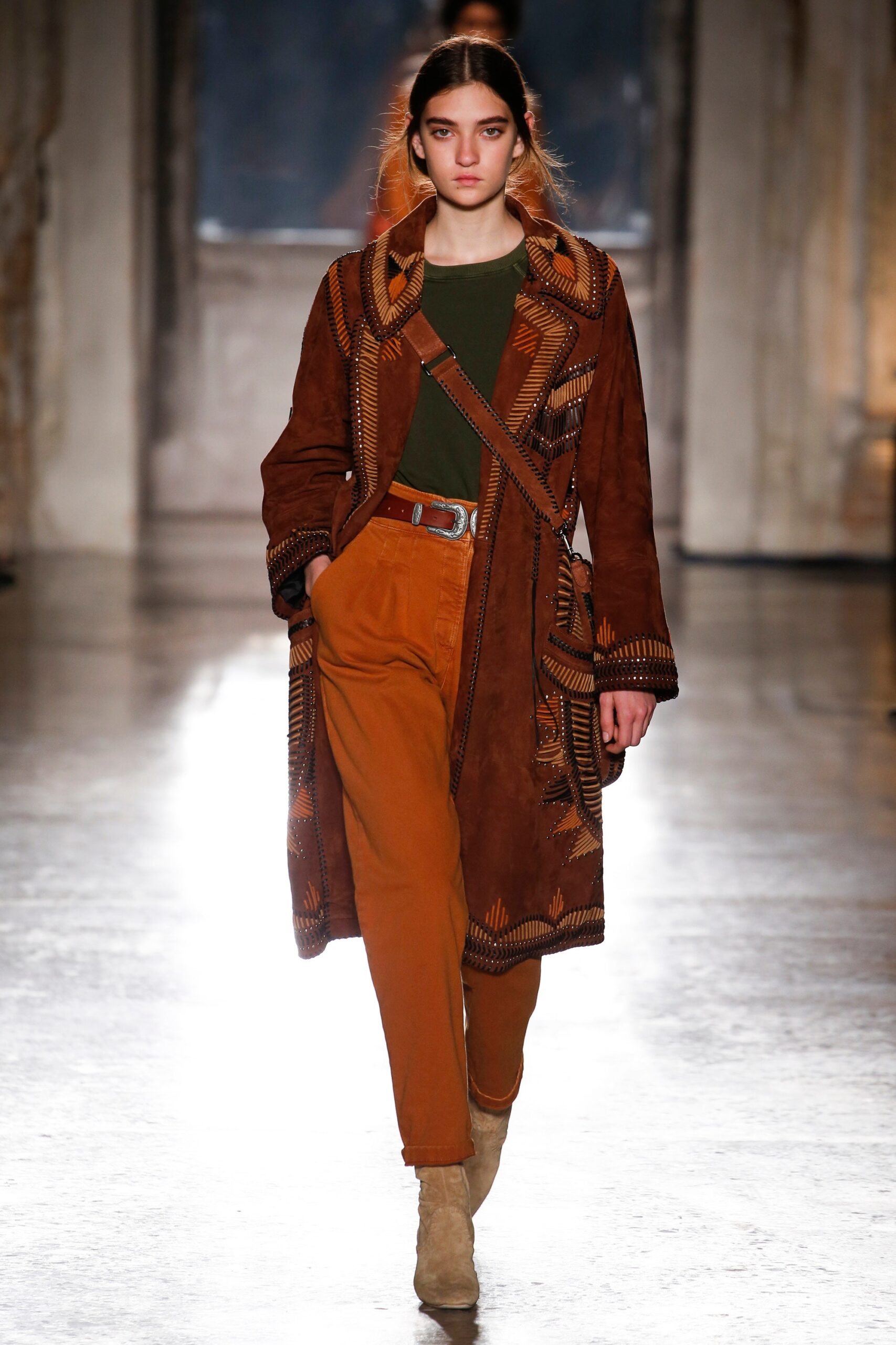 brown suede long-sleeve collared relaxed embroidered coat