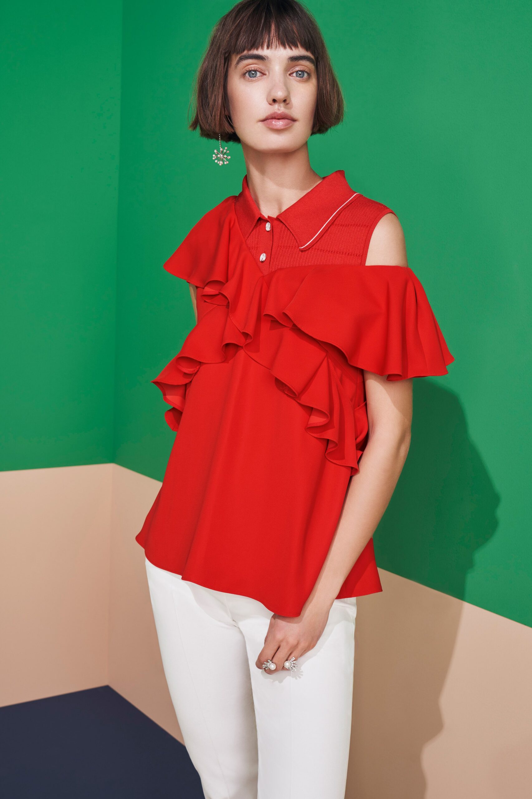red cotton short-sleeve collared relaxed ruffled top