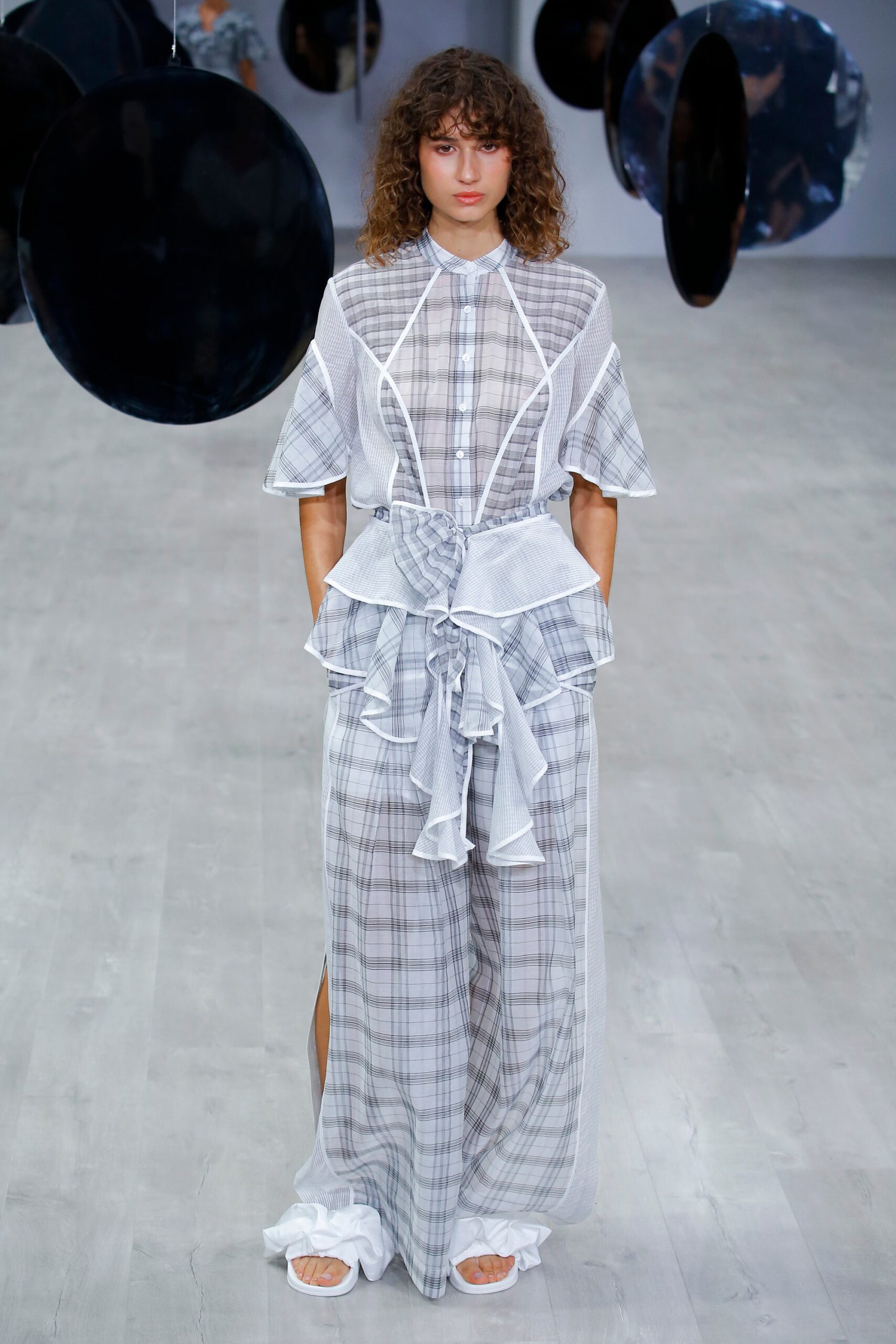 plaid white gray blouse and pants
