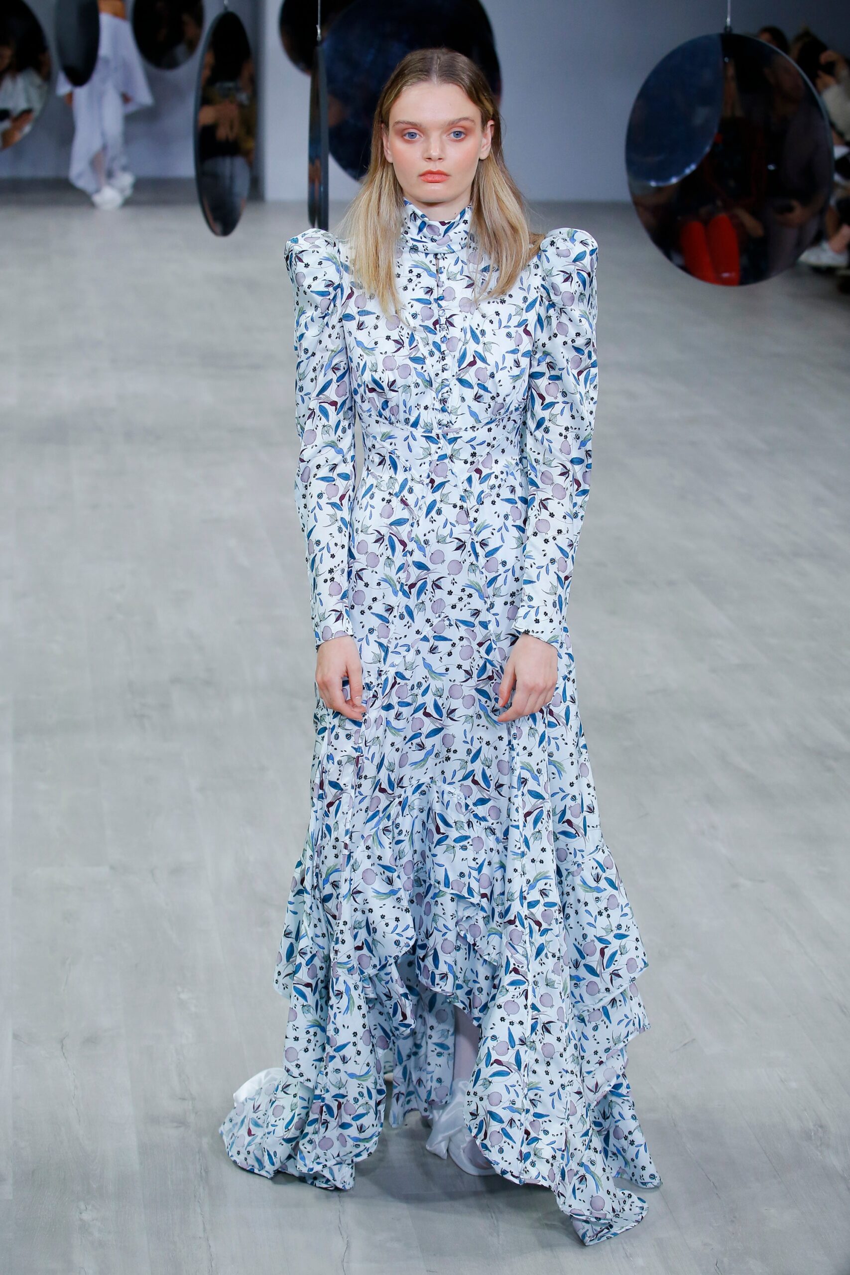 blue and white floral gown