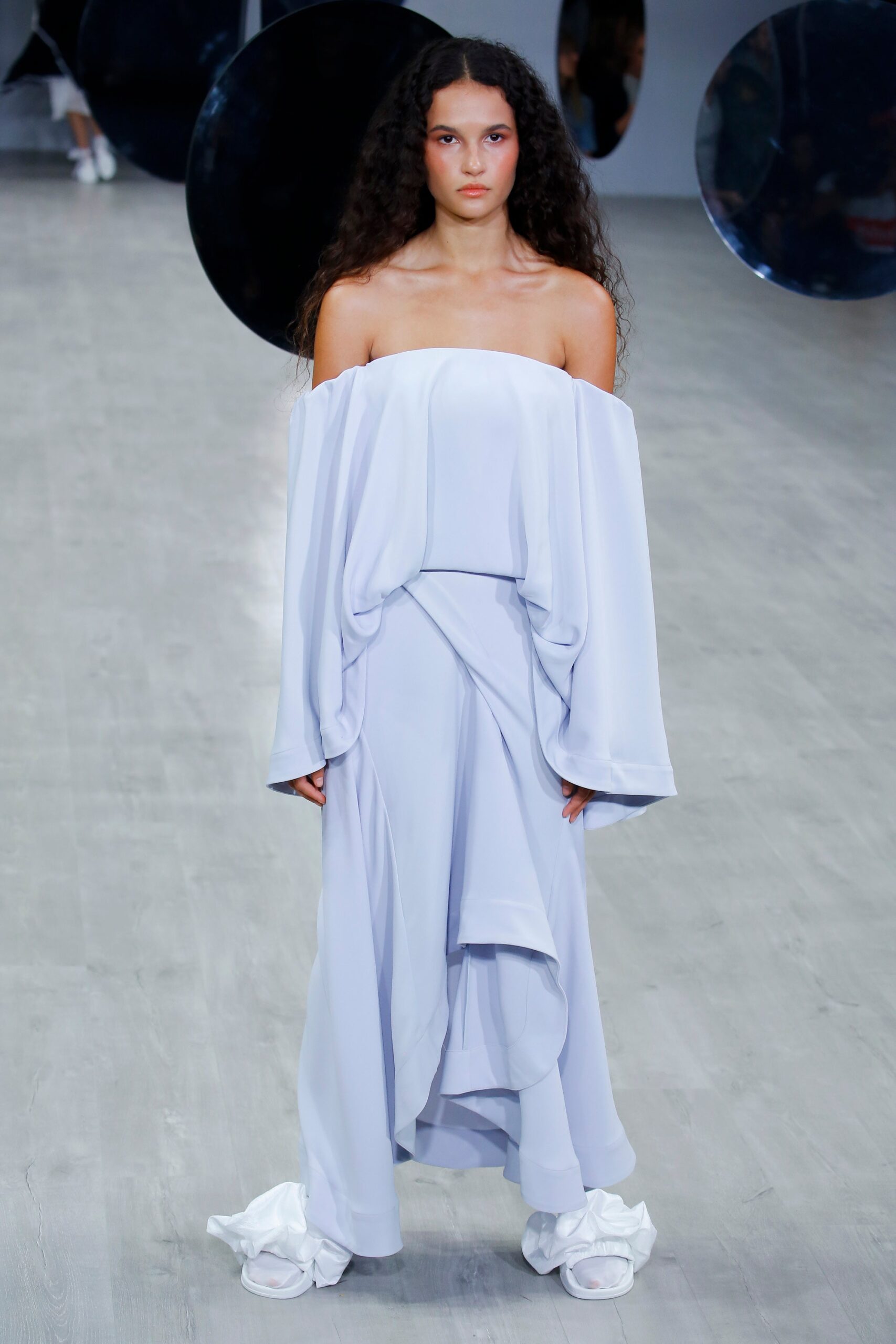 light blue off-shoulder draped dress