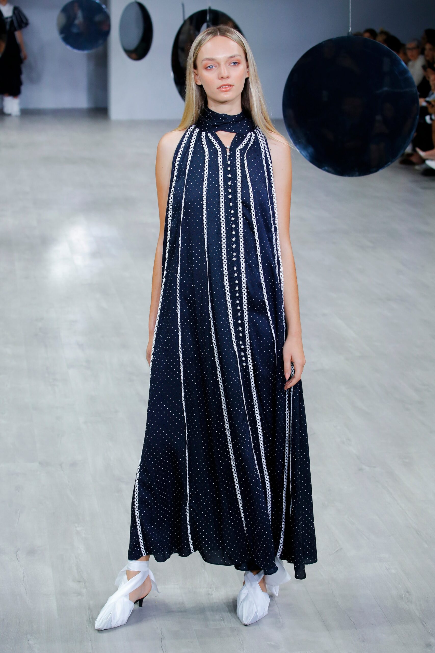 blue and white printed maxi dress