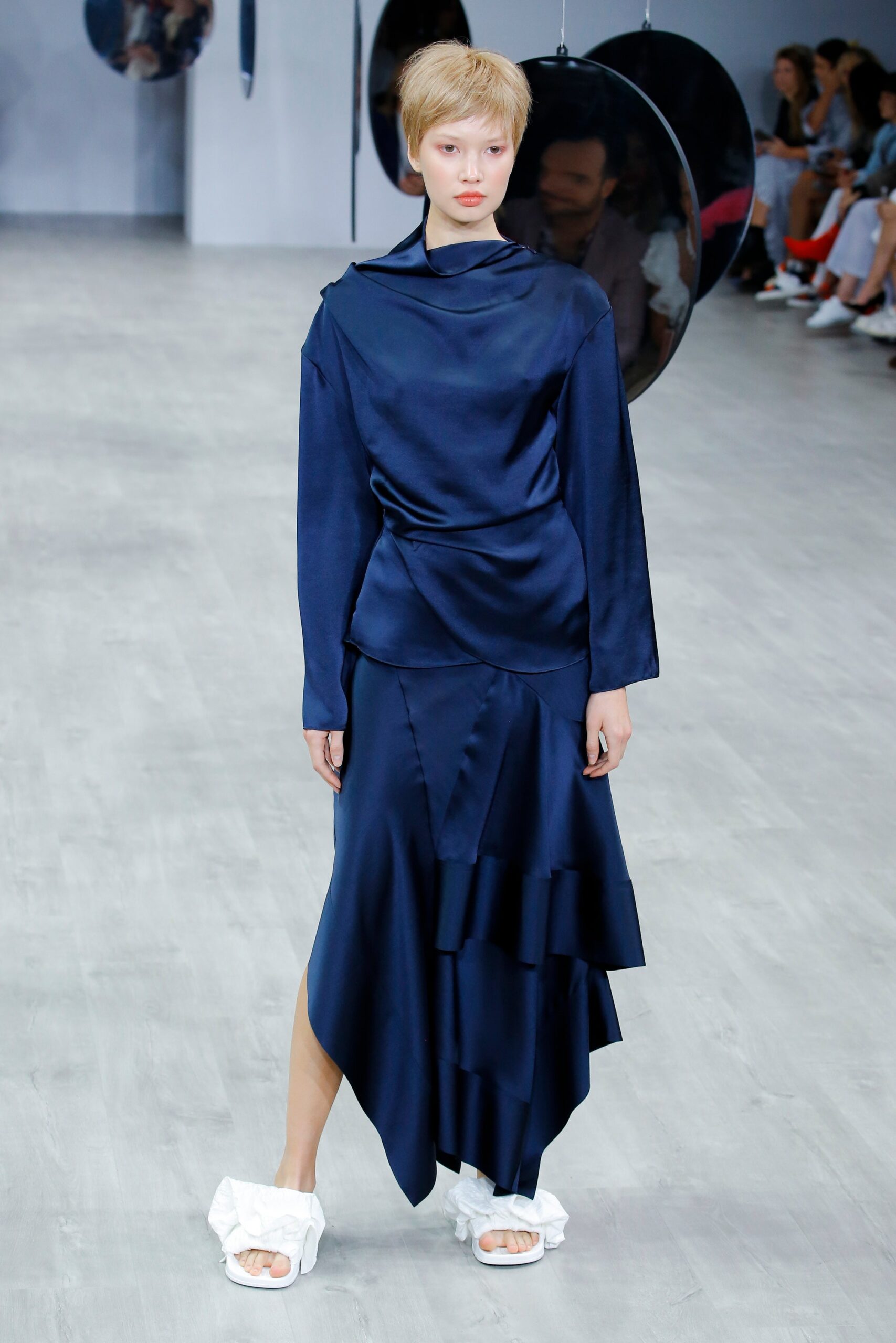 blue silk fitted midi dress
