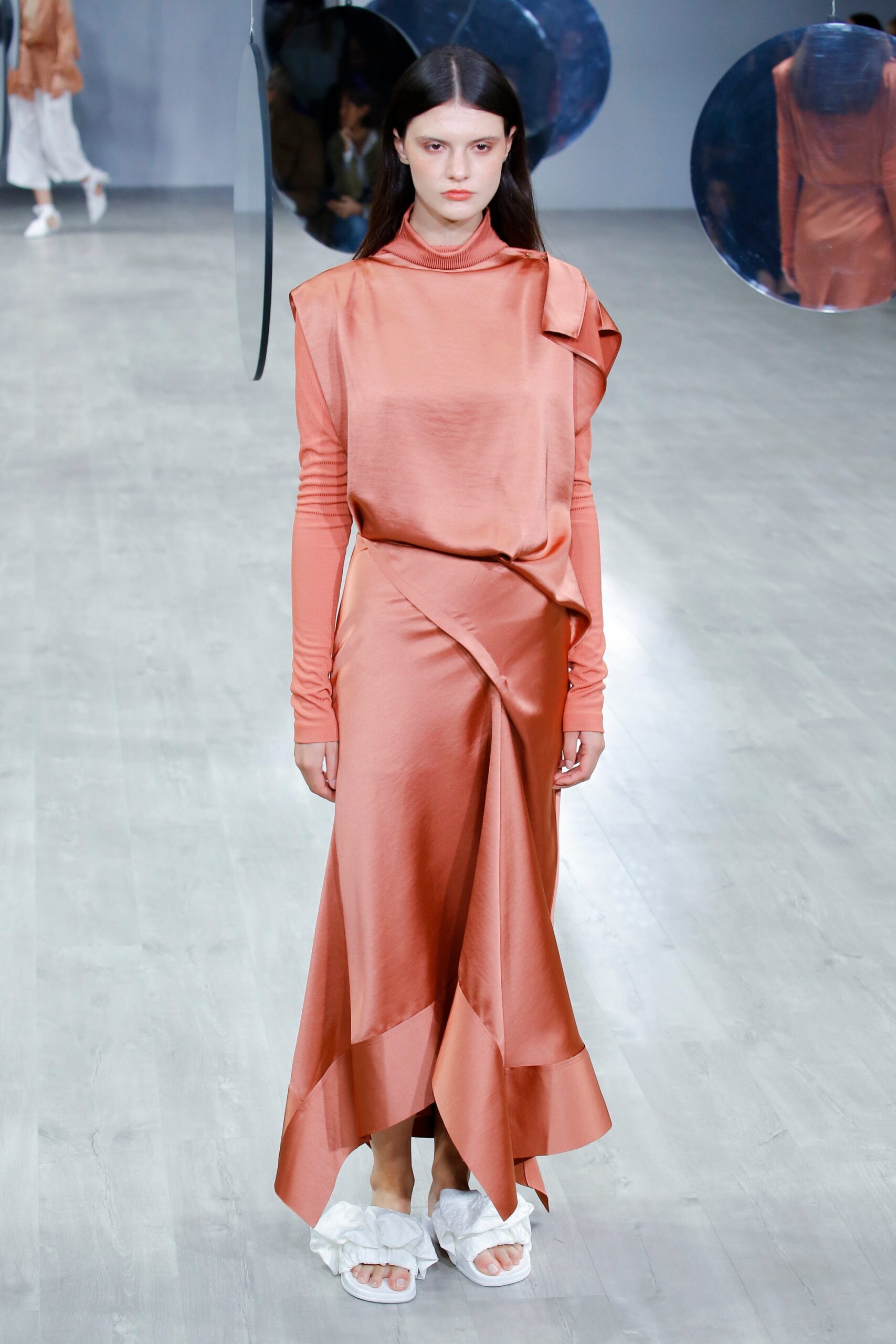 fitted orange silk midi dress