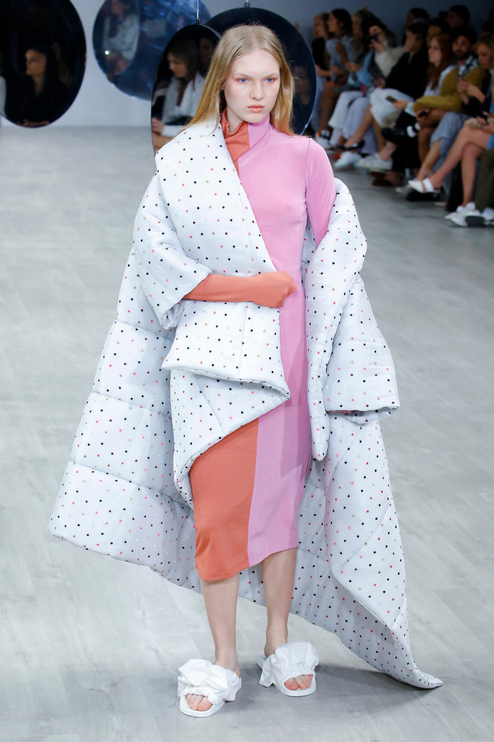 pink and orange color-blocked dress with oversized coat