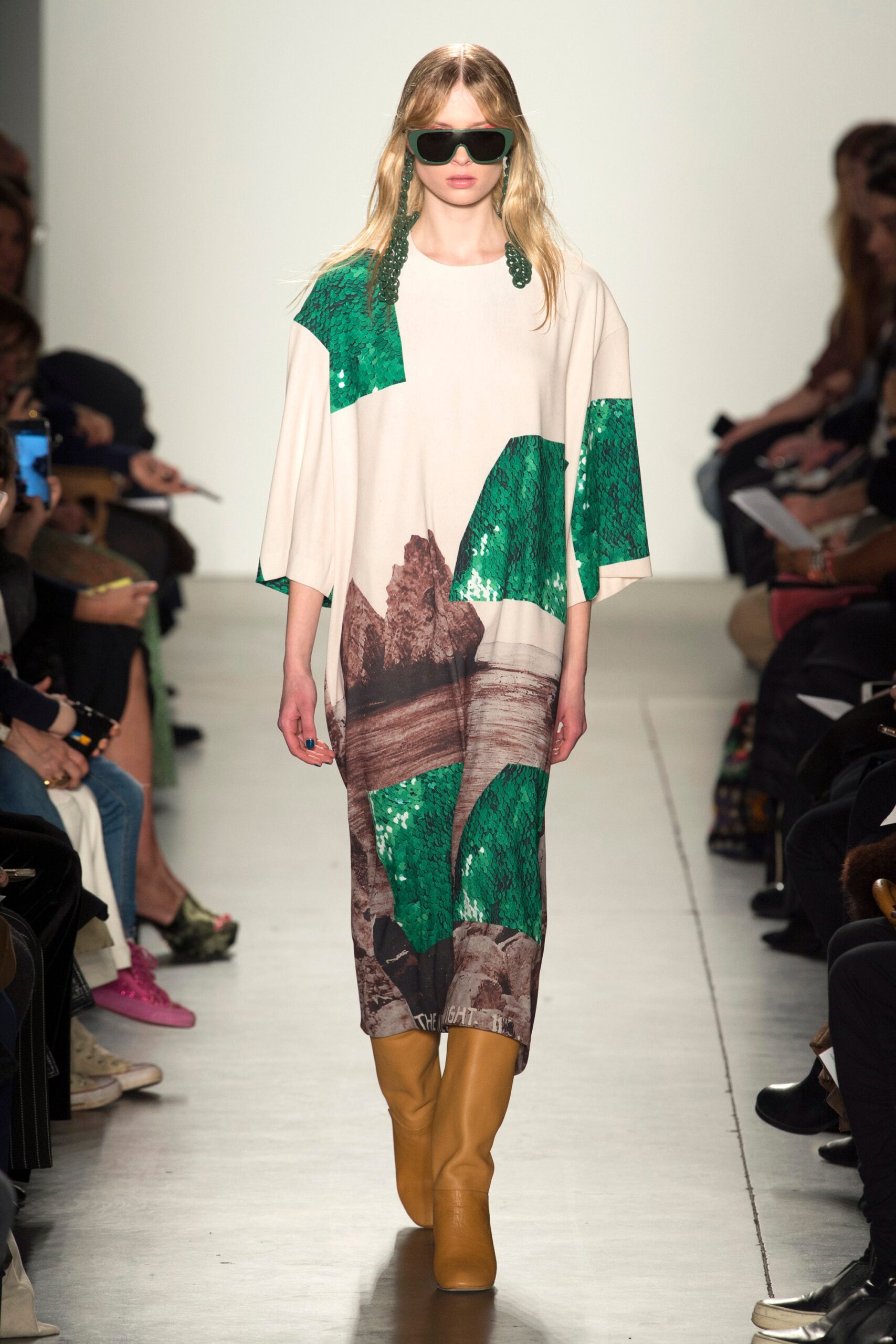 beige and green printed midi dress