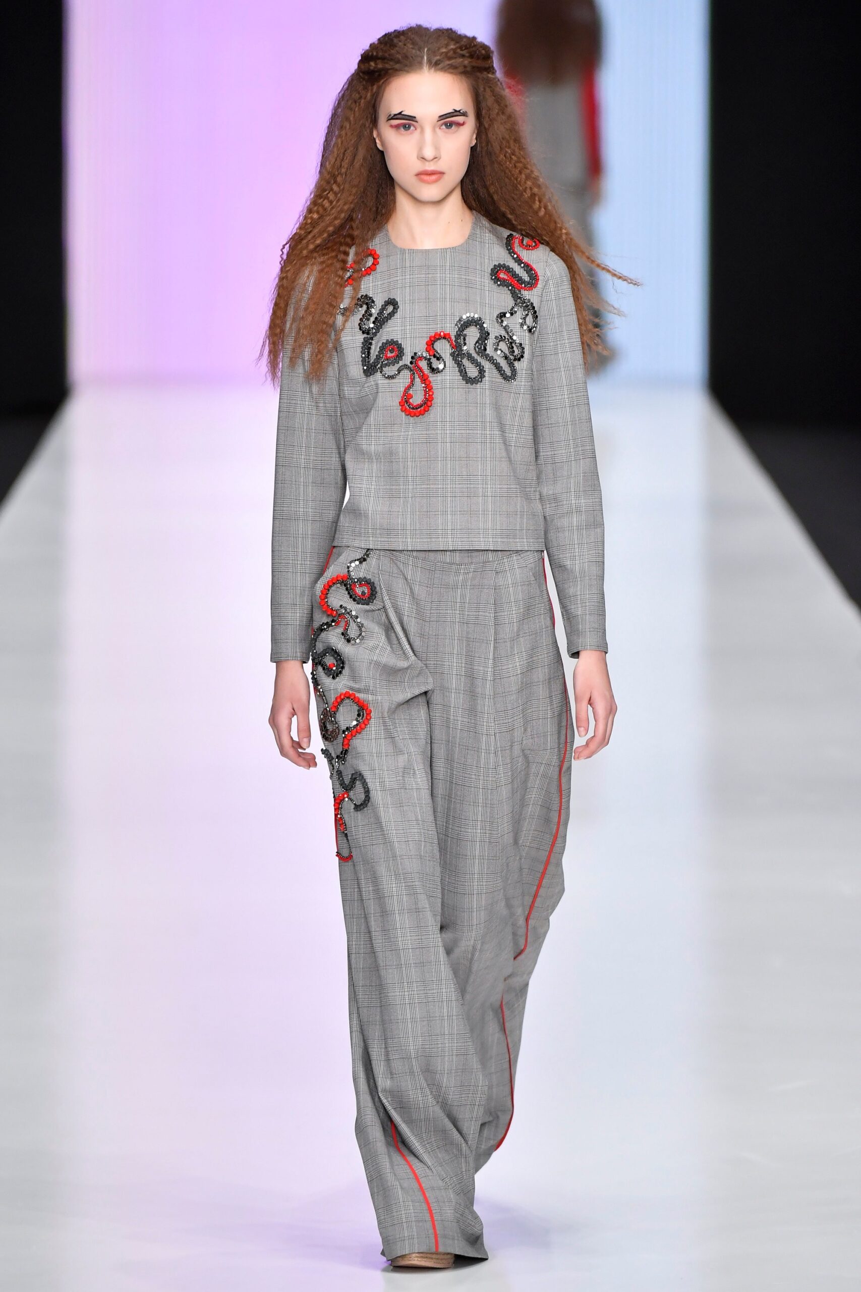 gray cotton long-sleeve collared fitted embroidered top