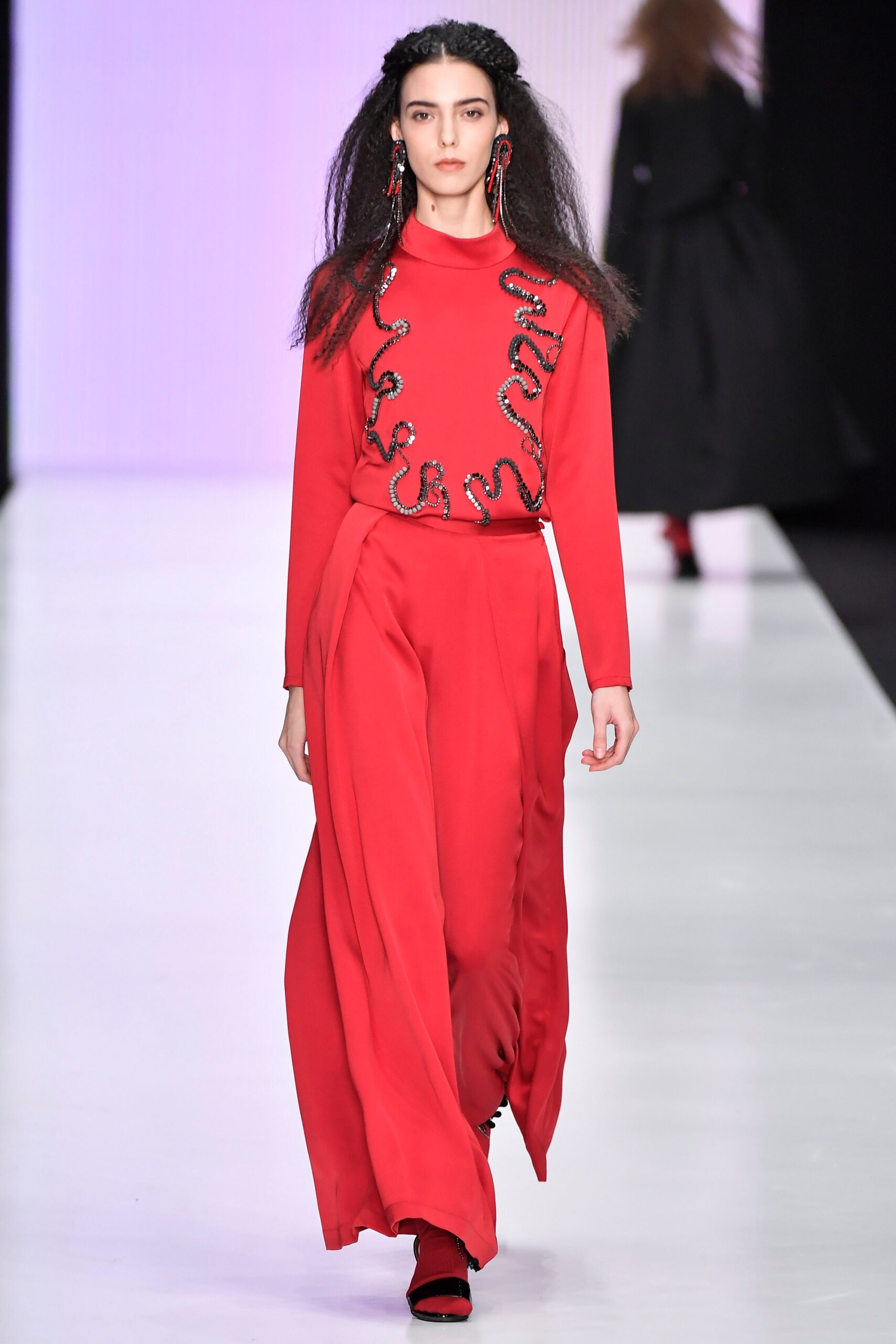 red long-sleeve high-neck fitted embellished top