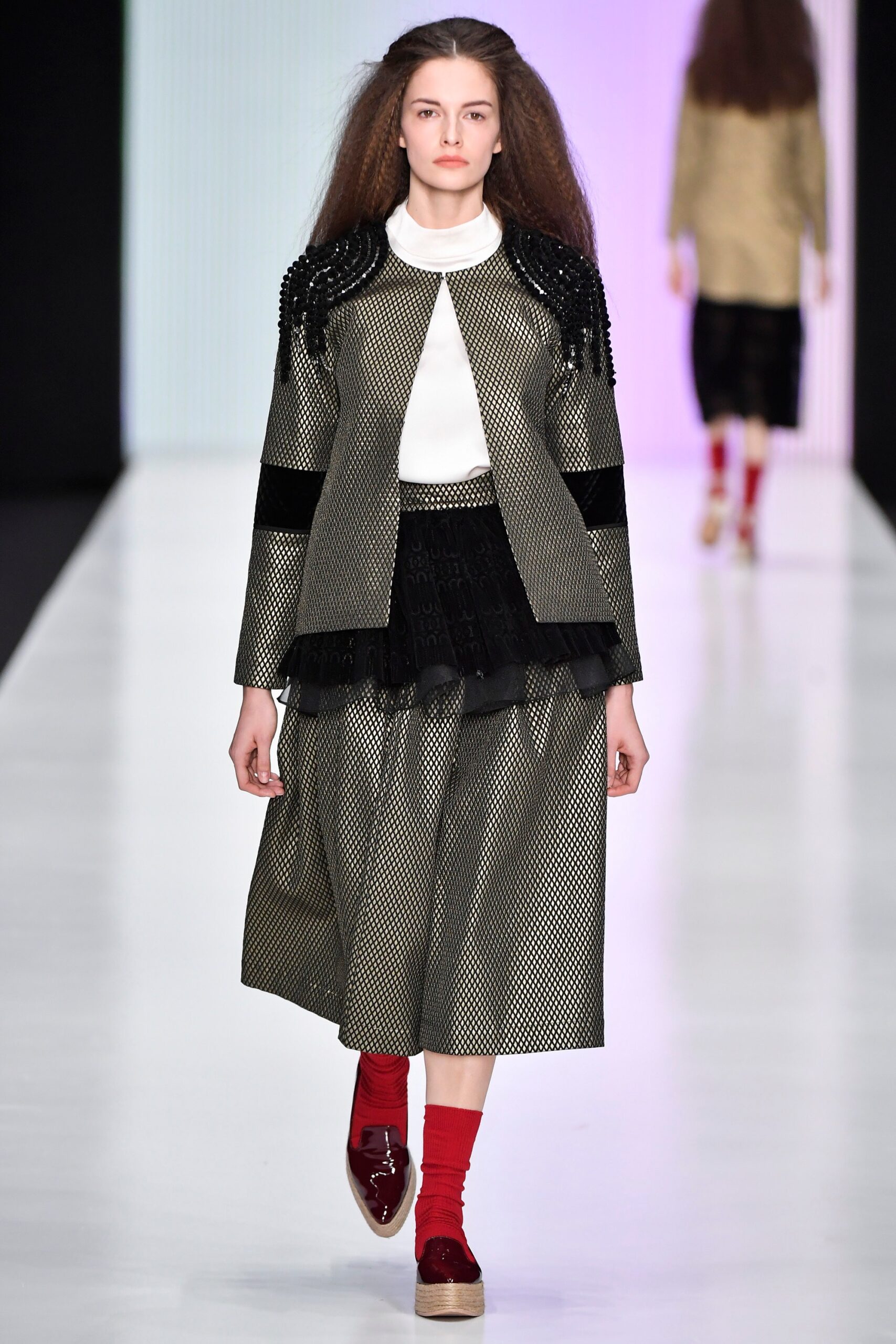 black metallic long-sleeve collared structured zippered layered jacket