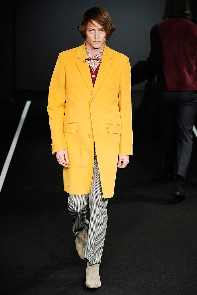 yellow coat with checked pants
