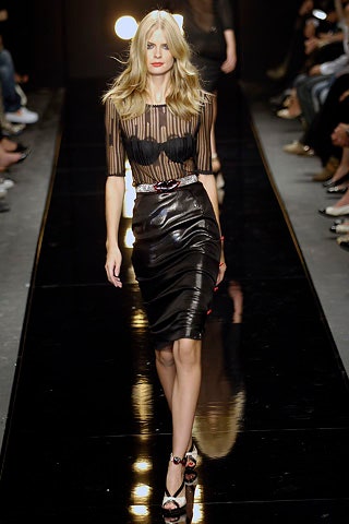 black mesh top and leather skirt