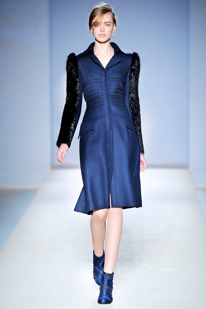 blue wool long-sleeve collared fitted zippered a-line dress