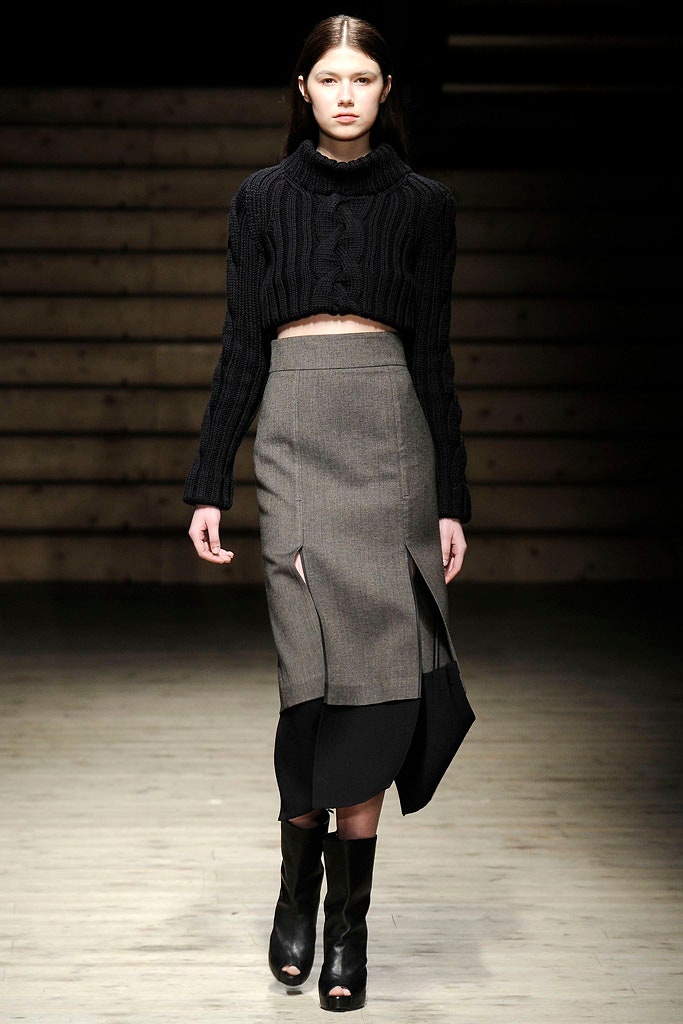 gray cotton slit fitted high-waisted pencil midi skirt