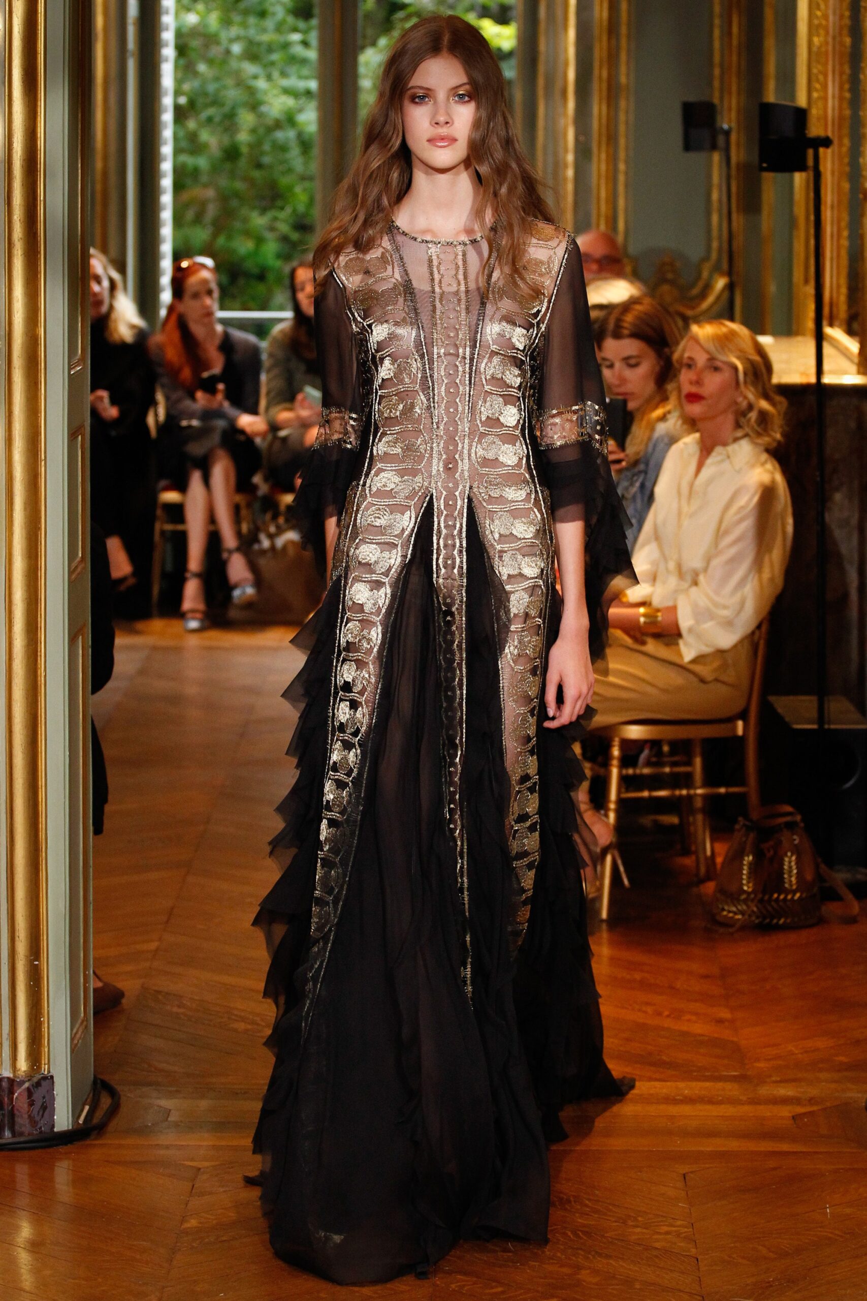 black silk embroidered gown