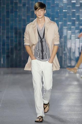 beige jacket gray shirt white pants