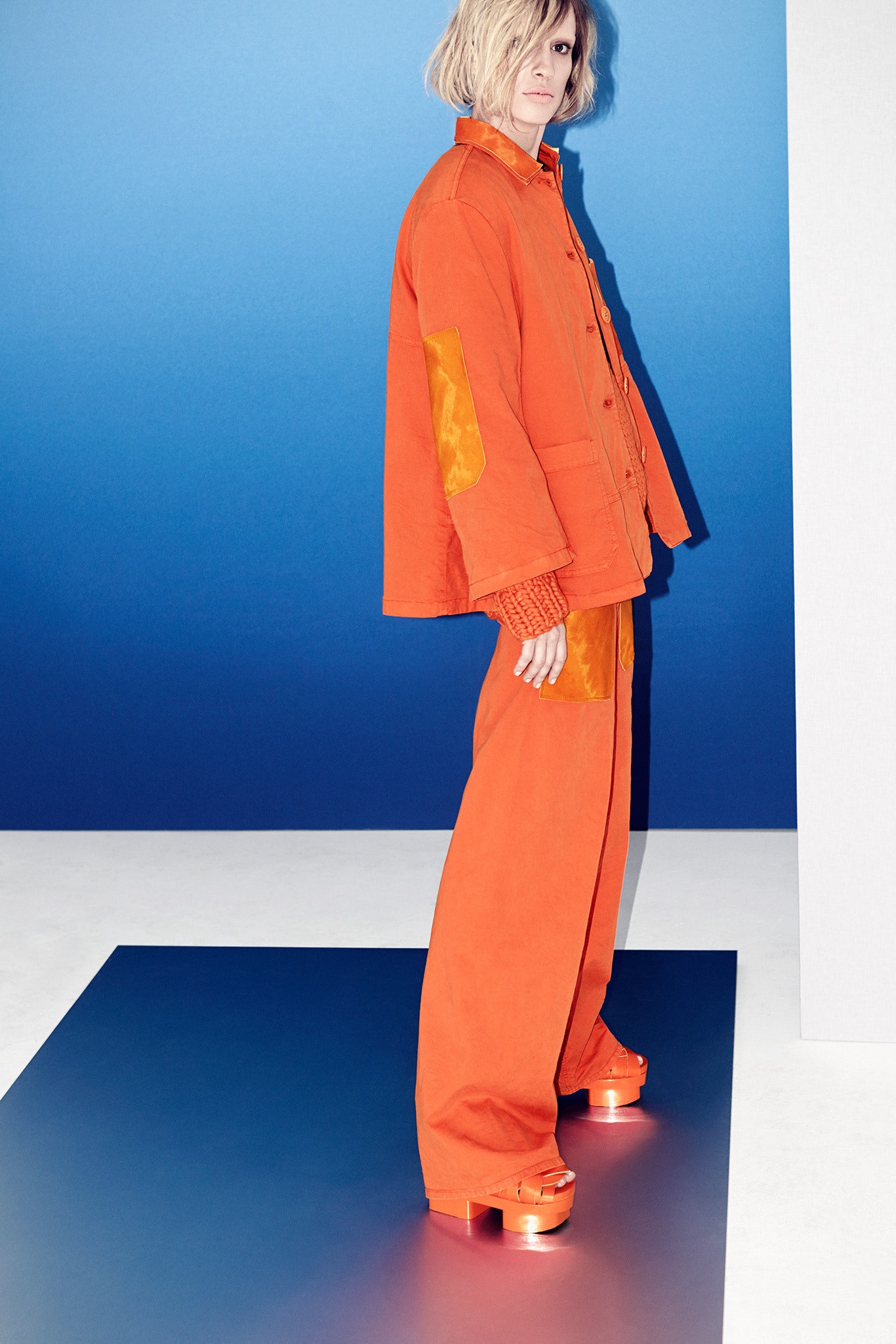orange cotton long-sleeve collared oversized buttoned pockets jacket